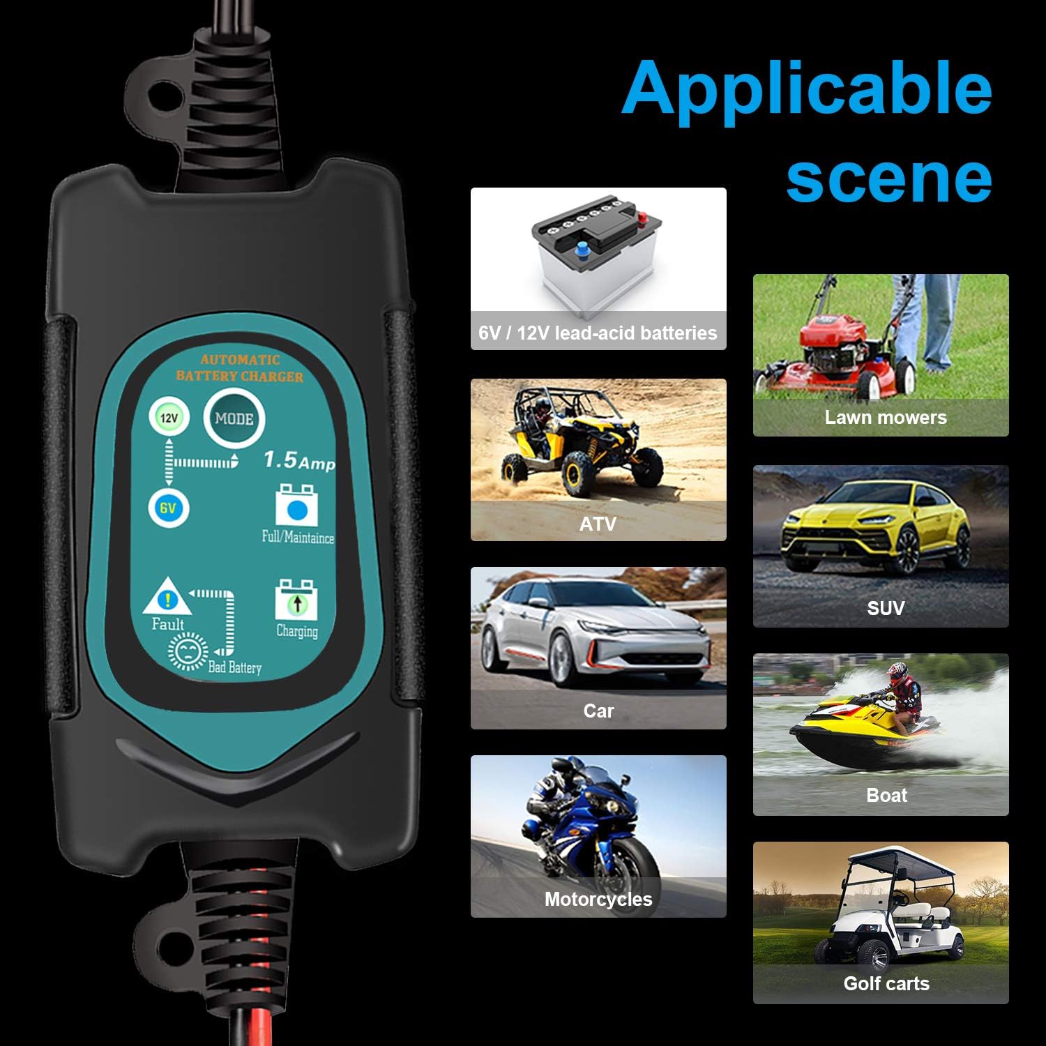 Fully Automatic 6V/12V Battery Charger & Maintainer, 1.5A Portable Trickle Charger with Charging Volt Memory Function for Car Motorcycle Lawn Mower SLA AGM Gel Cell Wet Lead Acid Batteries
