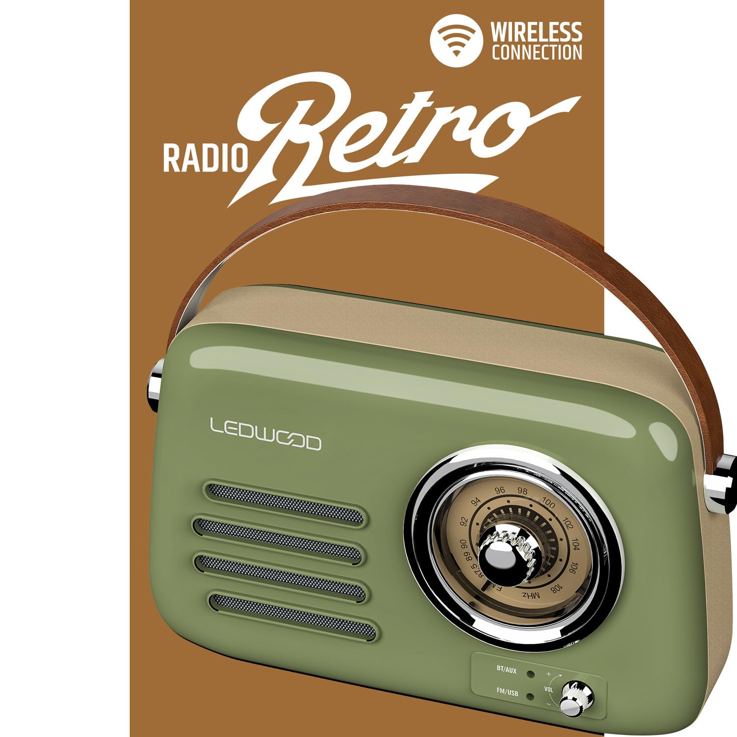 Radio Rétro Portable Ledwood Alma, FM, Bluetooth Entrée USB, Puissance 30W - Batterie 3,7V-1500mAh - Retro Vintage - Vert Olive
