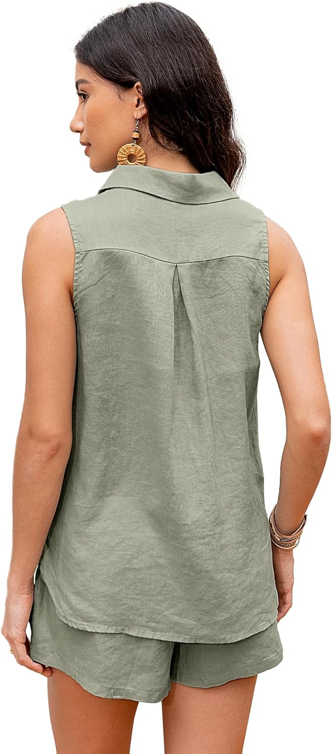 100% Linen Sets for Women 2 Piece Lounge Outfits Collared Sleeveless Button Down Shirt High Waisted Shorts Summer Set - Image 5