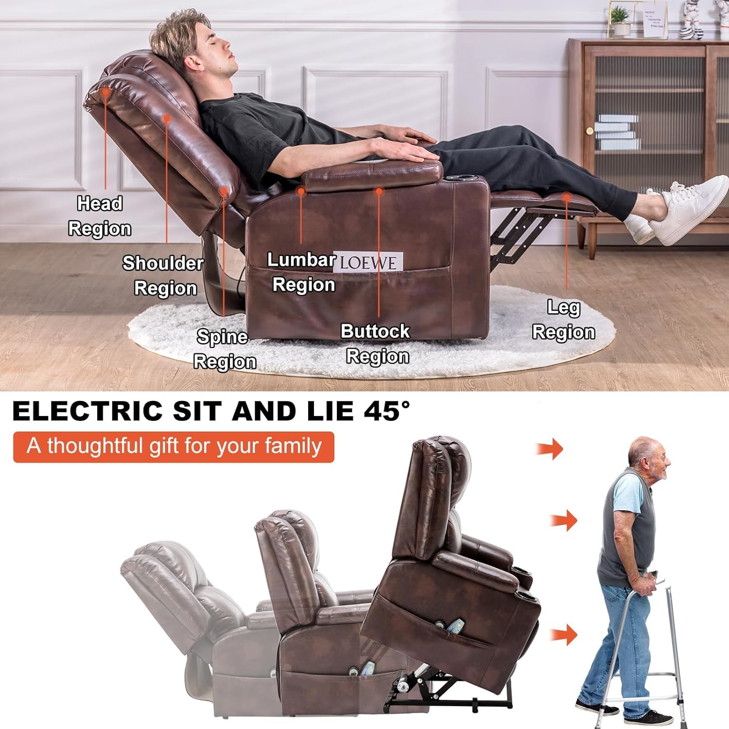 COMHOMA Sillón Reclinable Eléctrico Función de Elevación, Masaje y Diseño Ergonómico – Silla para Personas Mayores de Cuero PU con Respaldo y Reposapiés Ajustables, Marrón