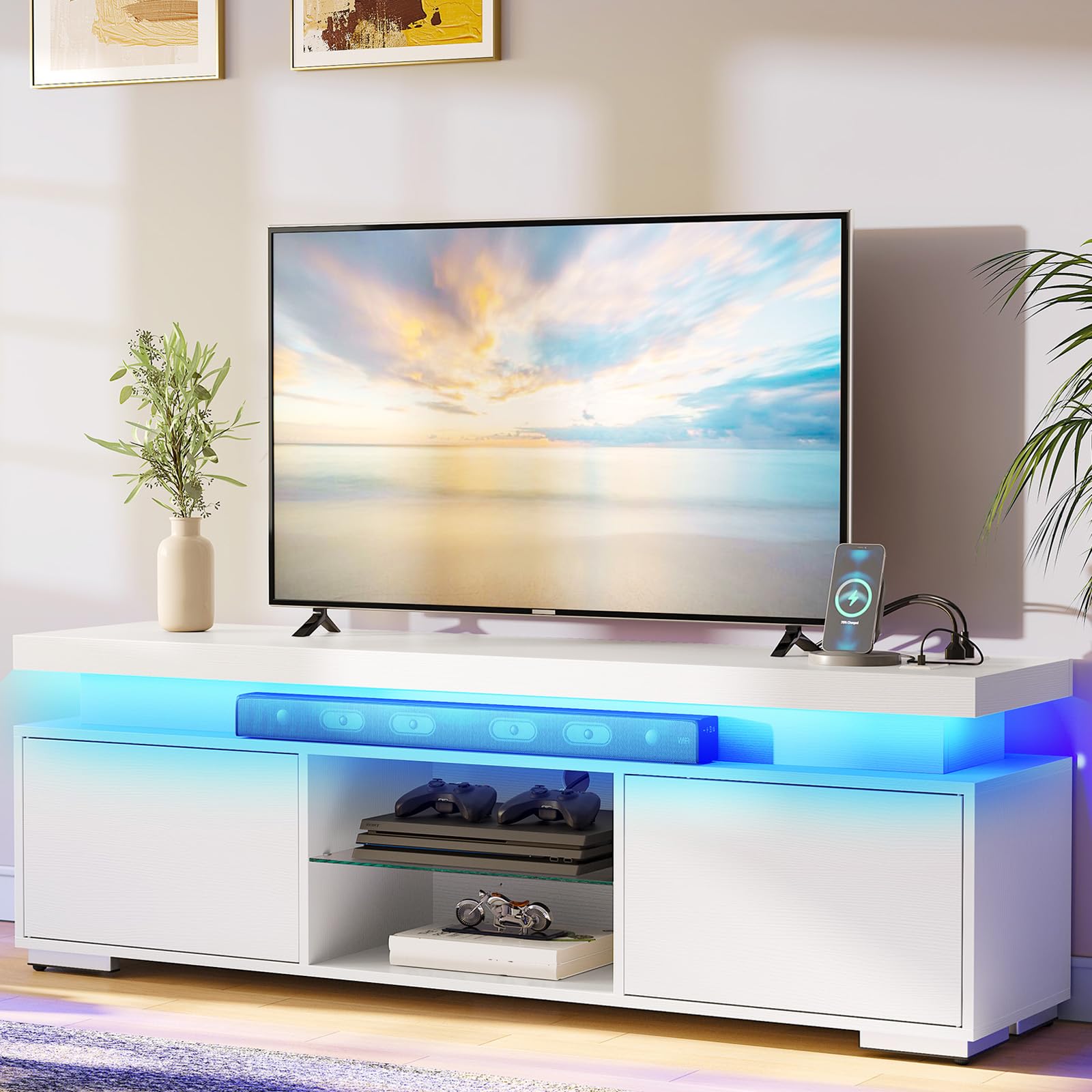 YITAHOME White TV Stands for Living Room, TV Stand for 65 inch TV, Entertainment Center with Storage,Modern TV Stand with Power Outlets & LED Light, TV Console Cabinet, White