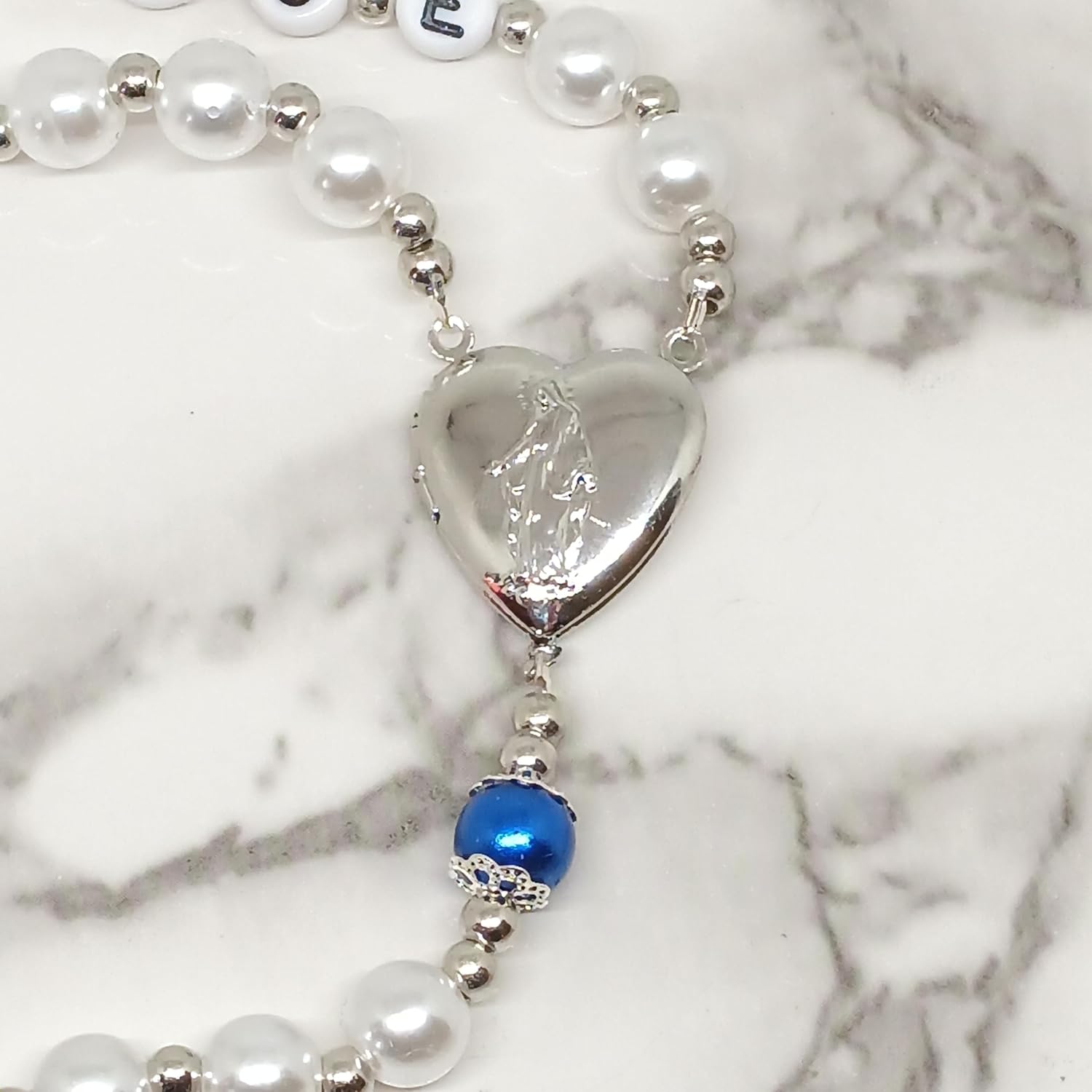 Personalized Rosary with Name and locket for pictures Prayer Beads Crucifix * Meditation * Cross * Baptism * Christening * First Communion - White beads with the accent color of your choice