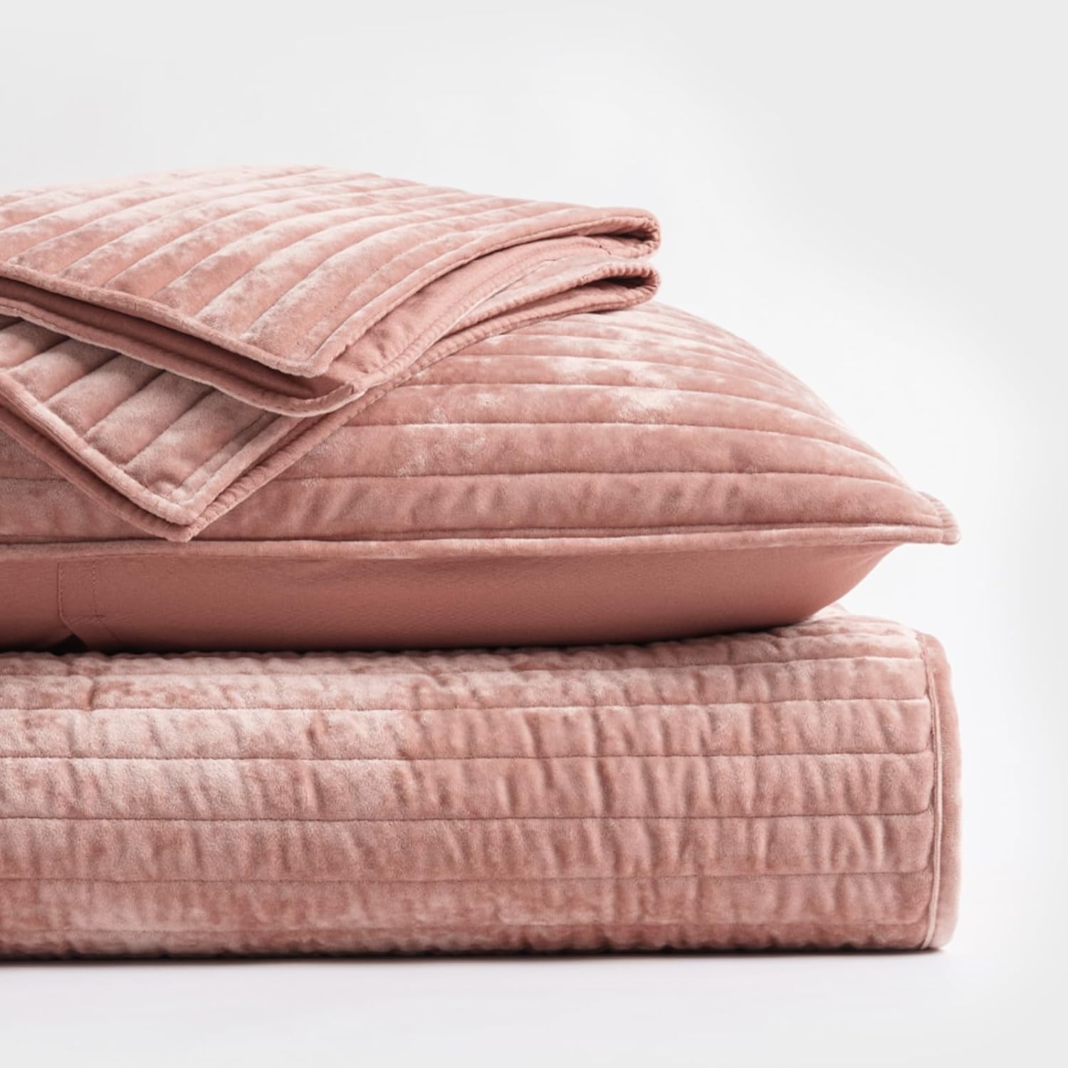 EVERGRACE Velvet Quilt Set King Size, Luxurious Soft Striped Channel Bedding Set, Lightweight Velvet Comforter for All Season, Oversized Bedspread Coverlet with 2 Matching Shams, Pink Clay - Image 6