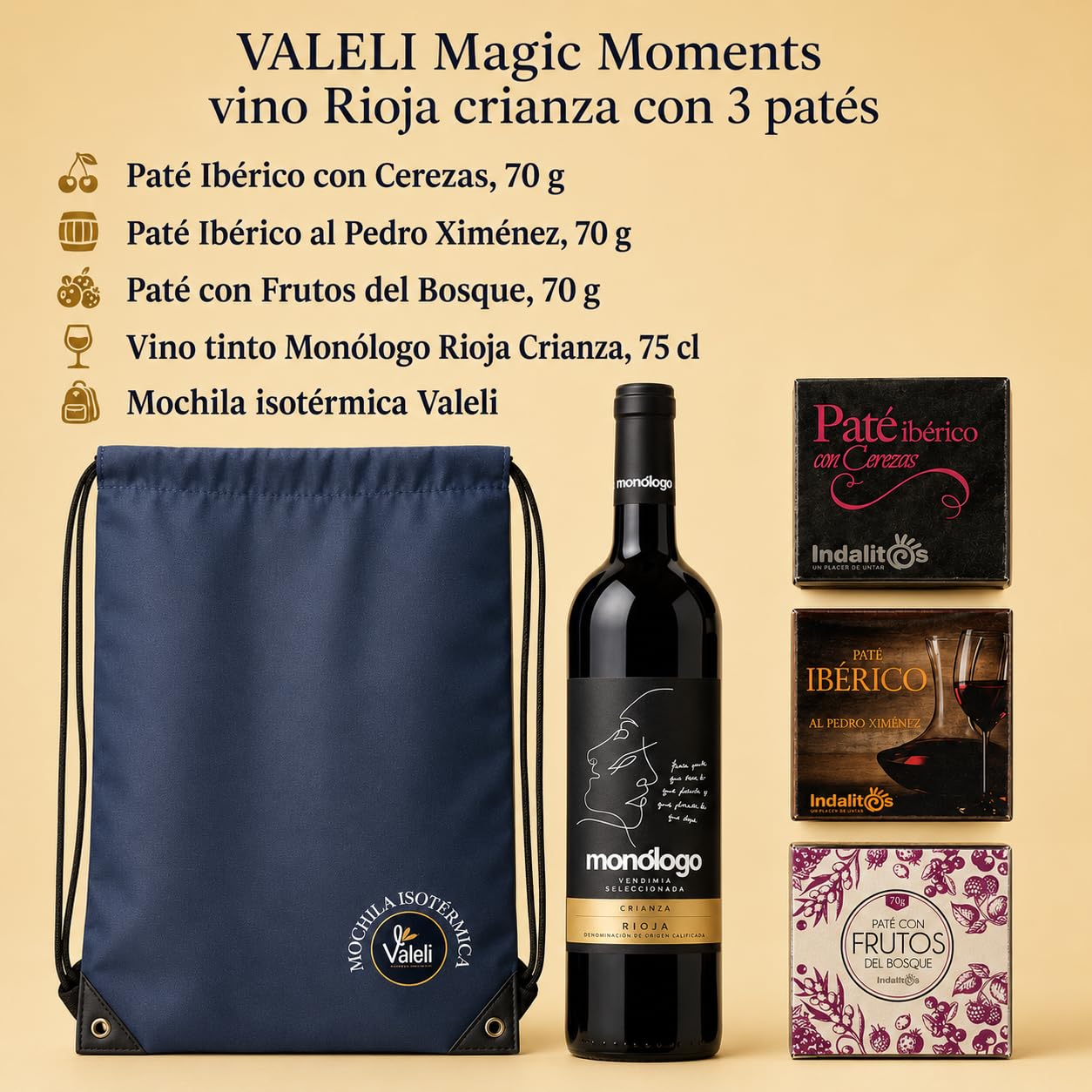 VALELI Pack regalos para hombre mujer, Cesta Gourmet con Vino Tinto Rioja Crianza 75cl, 3 Patés Ibéricos y Mochila Isotérmica.Detalle Cumpleaños, Navidad