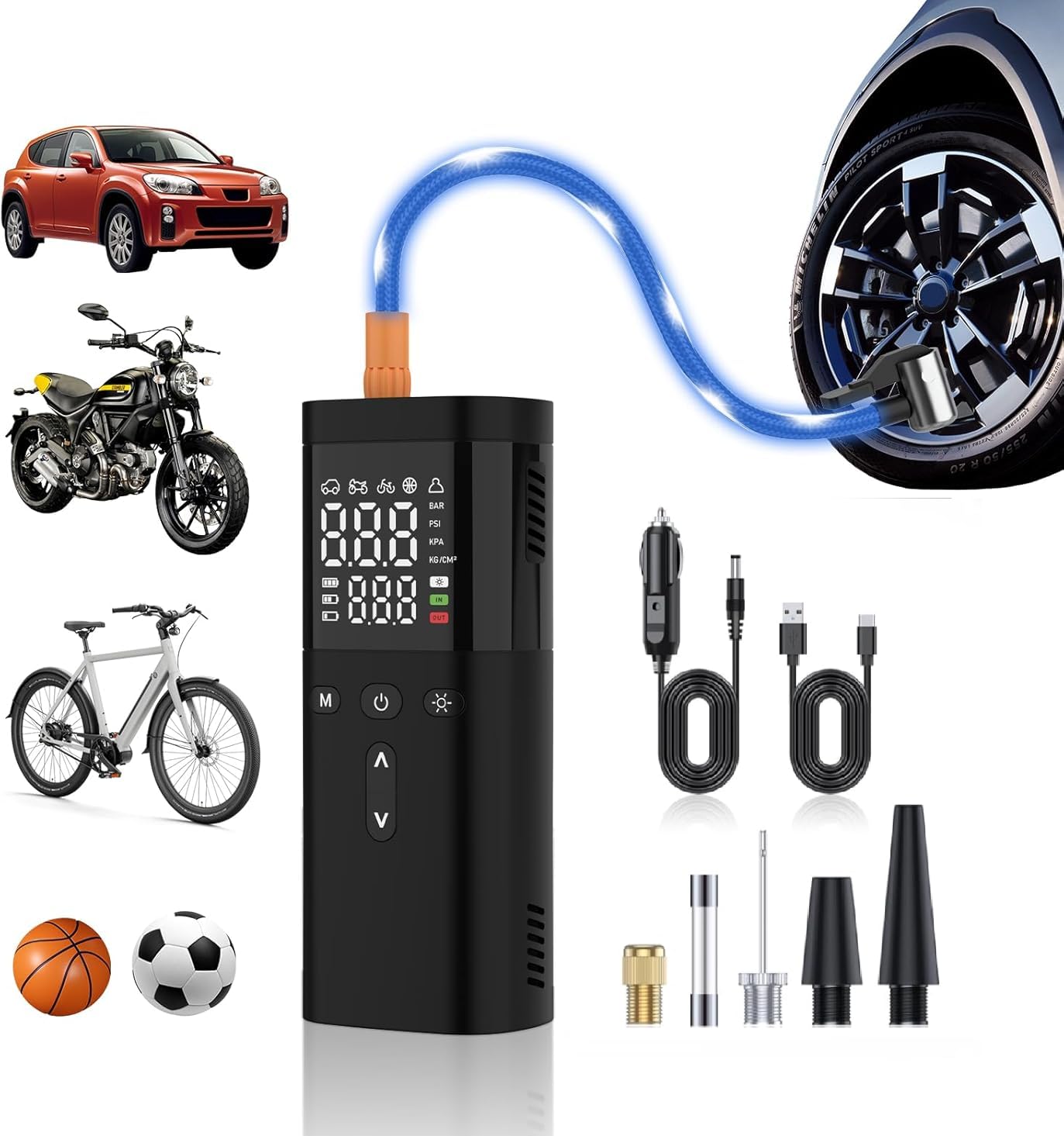 Elektrische Luftpumpe Fahrrad, Elektrische Luftpumpe 150PSI & Kabellose Elektrische Reifenpumpe mit LED-Licht, Wiederaufladbare Reifenpumpe für Auto,Fahrrad, e-Bike, Bälle,Motorrad