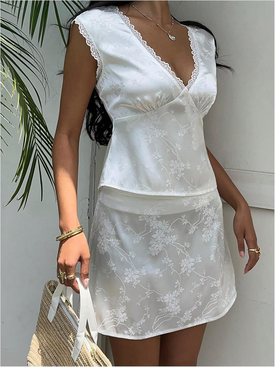 MakeMeChic Women's 2 Piece Summer Outfits Satin Floral Lace Backless Crop Tank Top and Mini Skirts Sets - Image 4