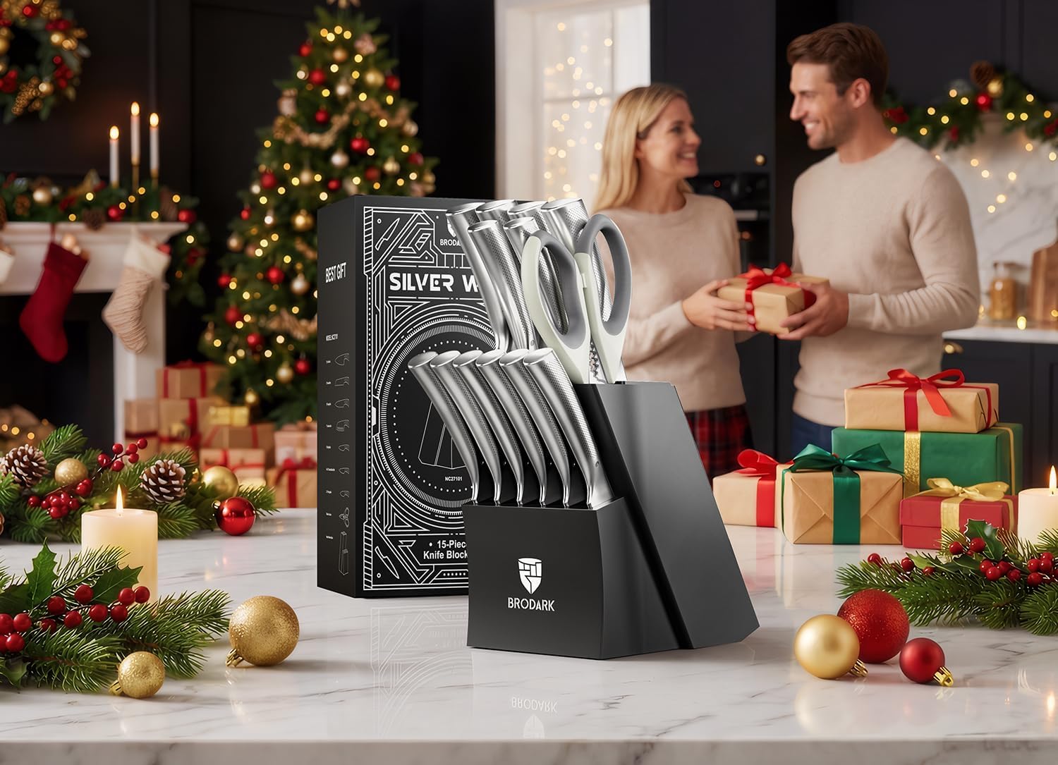 BRODARK Knife Block Set: Kitchen Knives Set with Block and Sharpener, 15 Pcs Ultra Sharp Chef knife, High Carbon Stainless Steel, Ergonomic Handle Non-Slip Grip, Silver Wolf Series with Gift Box - Image 2