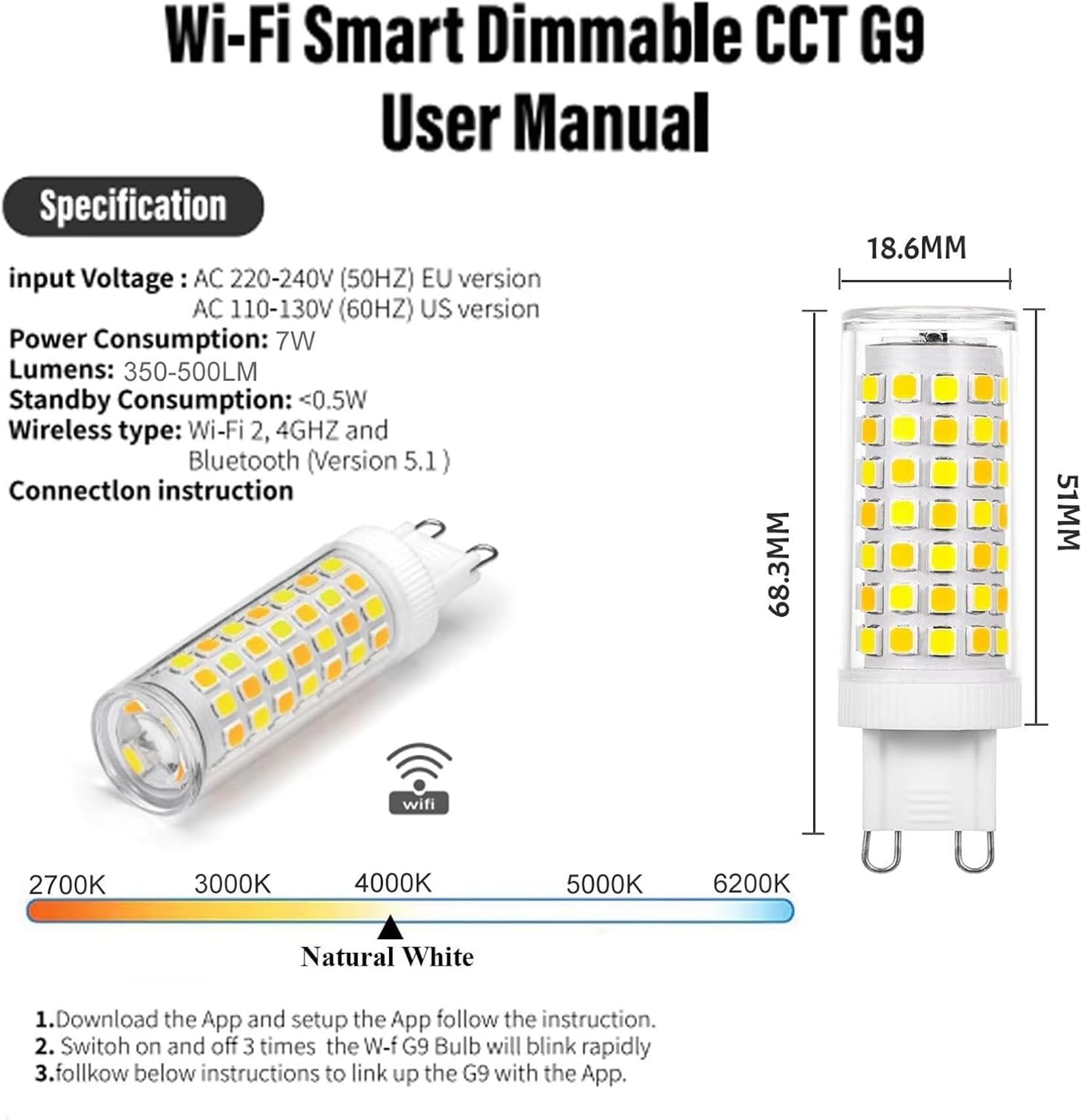 Smart G9 LED Wi-Fi Glühbirne 7w Dimmbar, 2700K to 6500K App Steuern, G9 Led Glühbirne 7W Lampen äquivalent 40W Halogenglampen, 500LM AC220-240V, 8er Pack