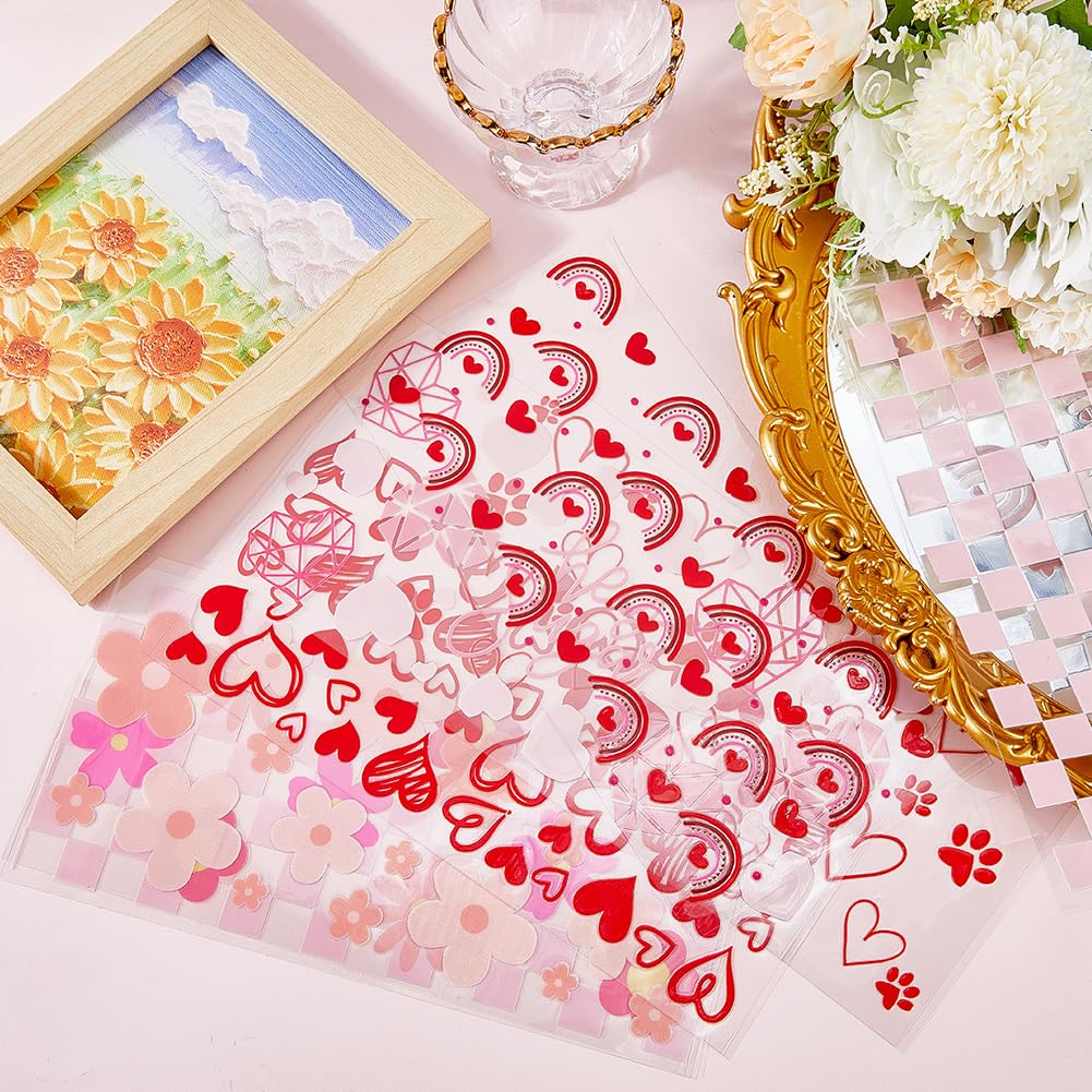 SOFPLATE 8Pcs 8 Styles Glass Cup Stickers Pink UV DTF Cups Wraps Bulk Transparent Plastic Heart Flower Floral Square Footprint Rainbow Cactus Waterproof Decals for Tumblers Wood Decoration DIY Crafts - Image 4