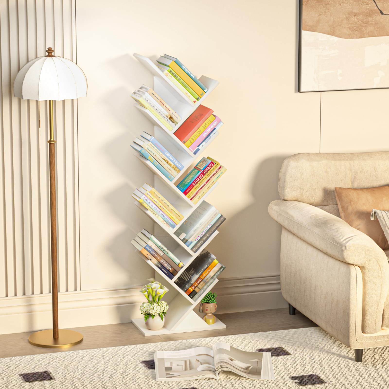 LELELINKY libreria ad albero, scaffale verticale a 10 livelli per libri/CD/riviste, libreria DVD in legno, per soggiorno, camera da letto e ufficio, bianco