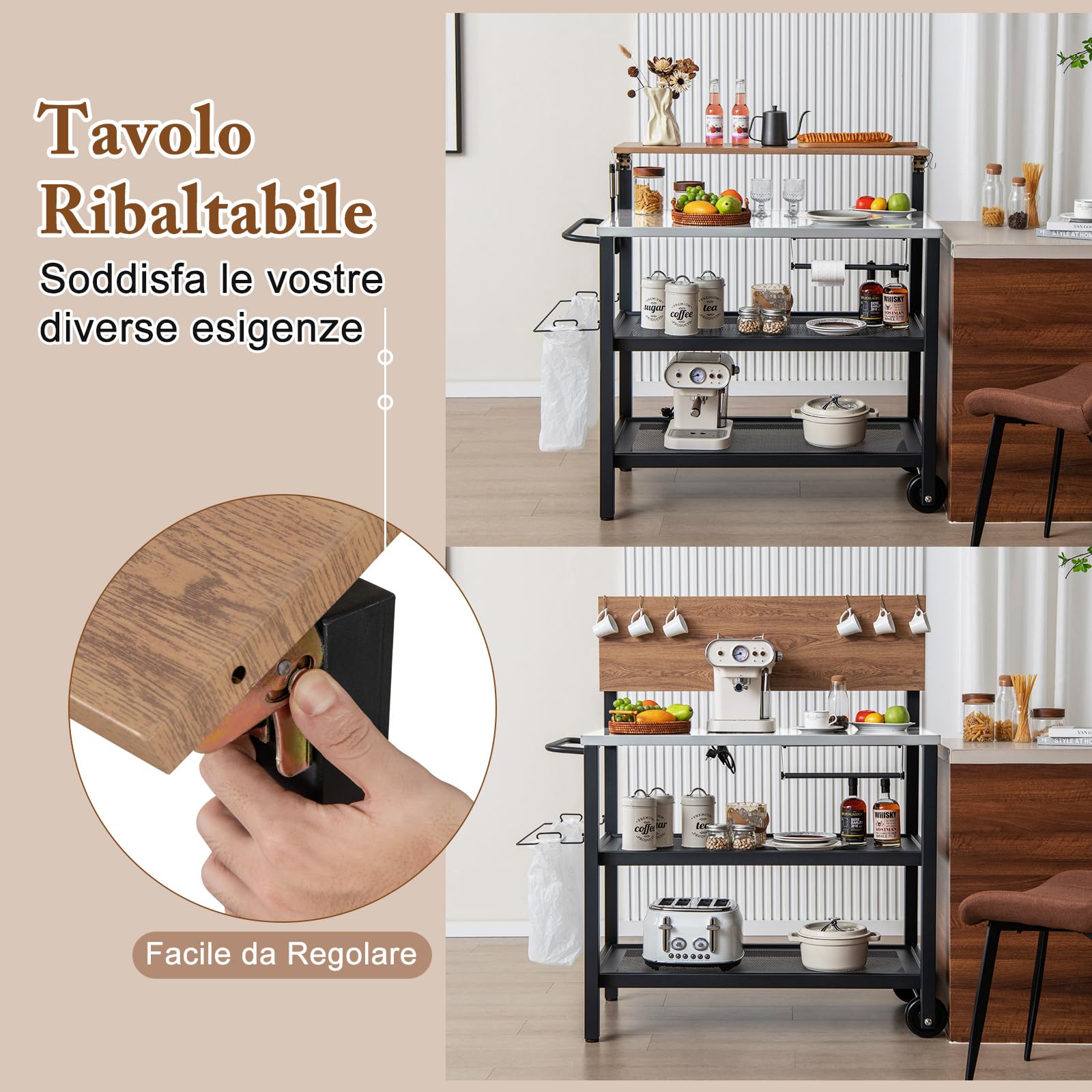 GYMAX Carrello Bar con Piano Ribaltabile, Supporto per Forno a 3 Ripiani con Ruote, Scaffali e Ganci, Carrello per Griglia con Porta Carta Asciugamani/Sacchetti, Carrello da Servizio da Esterno