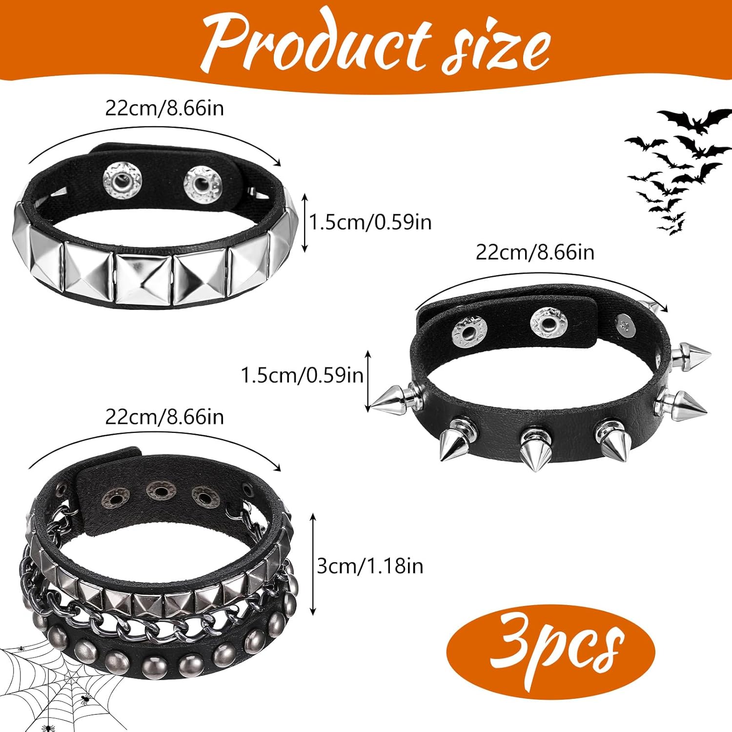 3 Pcs Punk Rock Leather Bracelets, Punk Rock Studded Bracelet Spiked Leather Cuff Bracelet for Men Women 80s Wristband Adjustable Wrap Wrist Cuffs for Halloween Party Favors - Image 2