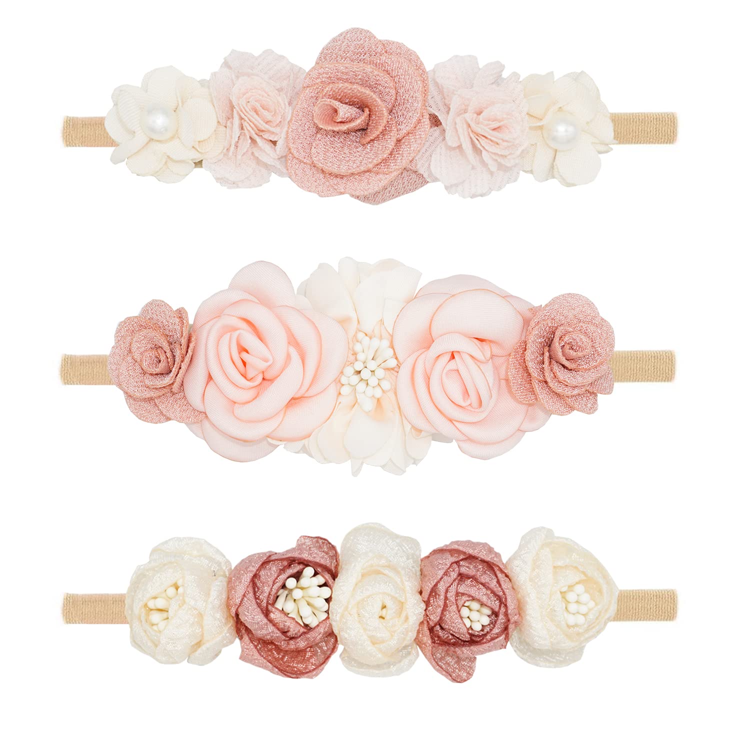 WNYUJOY - Juego de 3 diademas de flores para bebé niña, banda elástica de nailon con diseño floral, lazos para bebé recién nacido