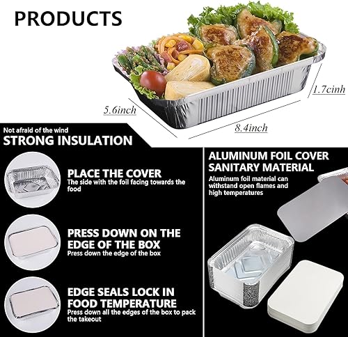 Miniatura 2 de Paquete de 30 sartenes desechables de papel de aluminio de 7 x 4 con tapas, bandeja para hornear reciclable de 0.65 libras, sartenes para llevar,