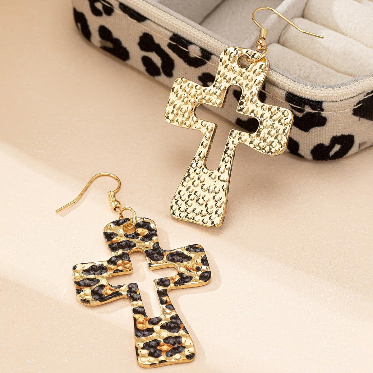 Leopard Print Hollow Plus Sign Dangle Earrings for Women Gold Tone Hook Statement Drops Lightweight Acrylic-Look Geometric Pattern Fashion Jewelry - Image 6