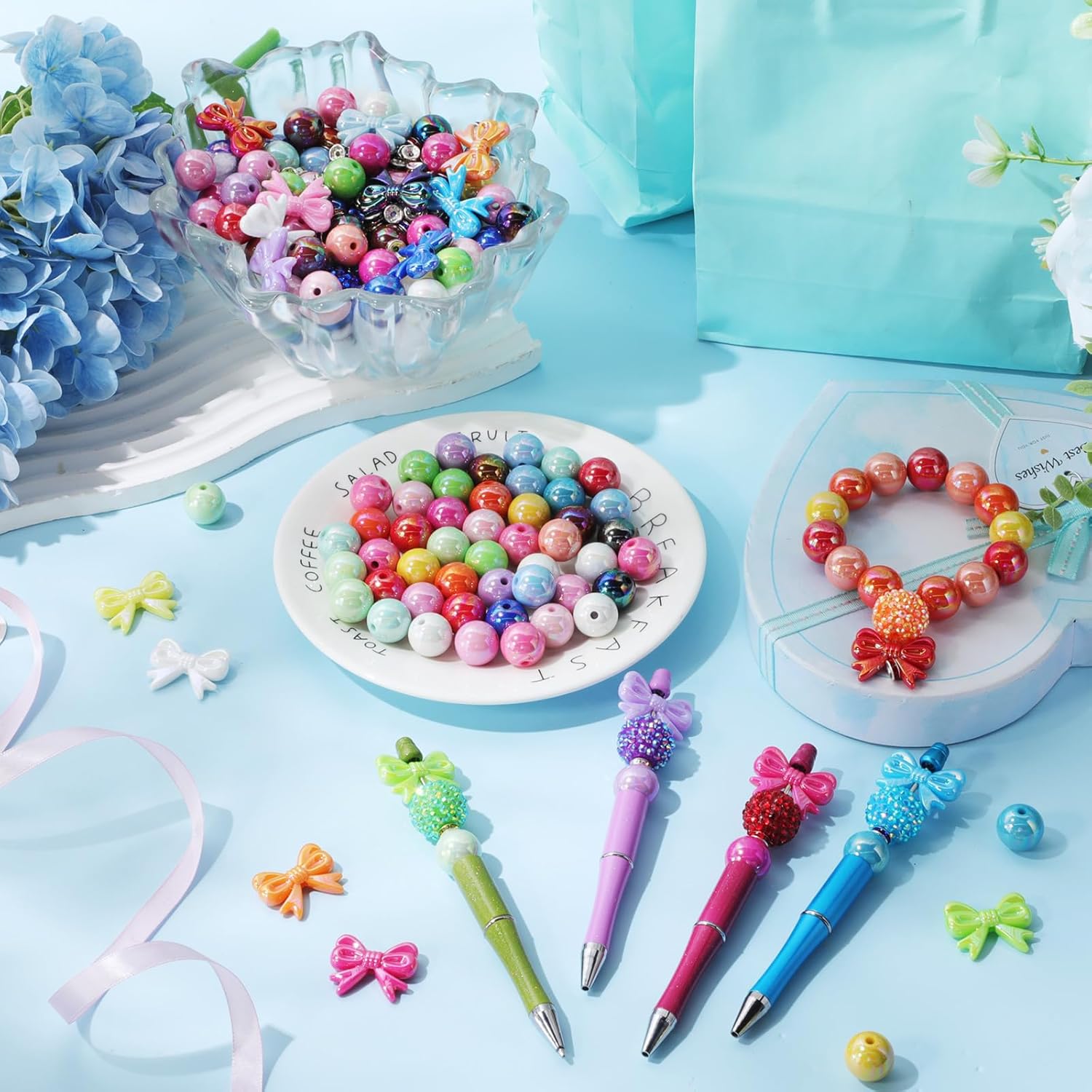 FineCheer 300 Pcs Focal Beads for Pens AB Color Acrylic 3D Focal Colorful Beads Bulk Round Rhinestone Spacer for Beadable Pen Keychain Making Jewelry Bracelet Necklace Charms Crafts(Bow Shaped)