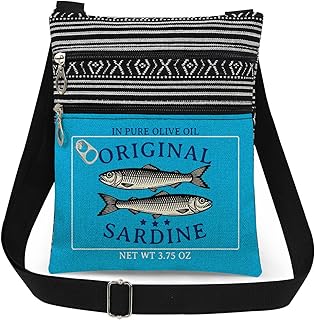 Retro Sardine Print Crossbody Bag Original Sardine Purse (Blue) | Outdoor Travel Adults Adjustable Strap Messenger Bag Unique Fashion Gift for Him Her