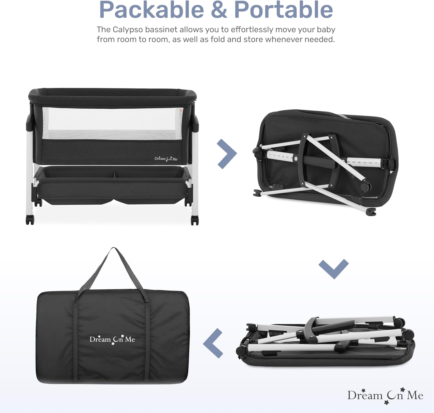 Dream On Me Calypso Portable Bassinet with Wheels, Adjustable Height Bedside Sleeper, Foldable Baby Bassinet with Breathable Mesh Sides, Foam Mattress, Easy Mobility & Travel-Friendly Design - Black