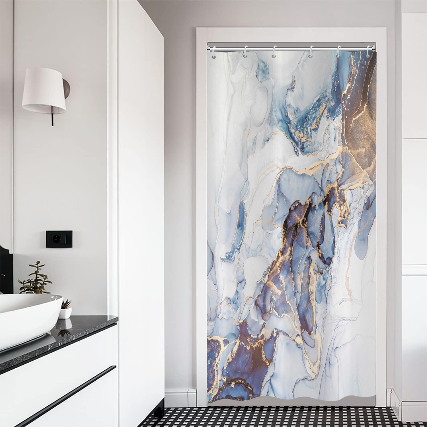 ASDCXZ Marble Shower Curtain 90x180 cm, Modern Abstract Art Blue Gold White Marble Optic Texture Bath Washable Shower Curtains Polyester Textile Waterproof Bath Curtain for Bathtub with 6 Hooks