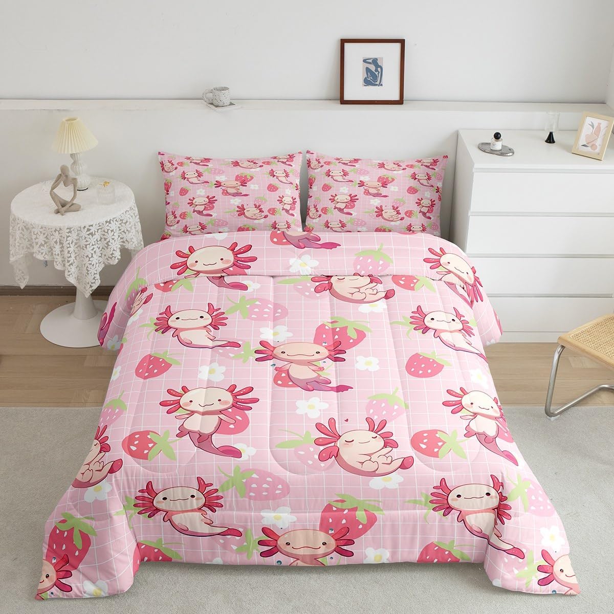 Feelyou Cute Axolotl Pink Comforter Set Full Size Kids Comforter for Boys Girls Teens Kawaii Ocean Sealife Bedding Set Breathable Cartoon Salamander Duvet Set Room Decor Princess Decor Quilt Set