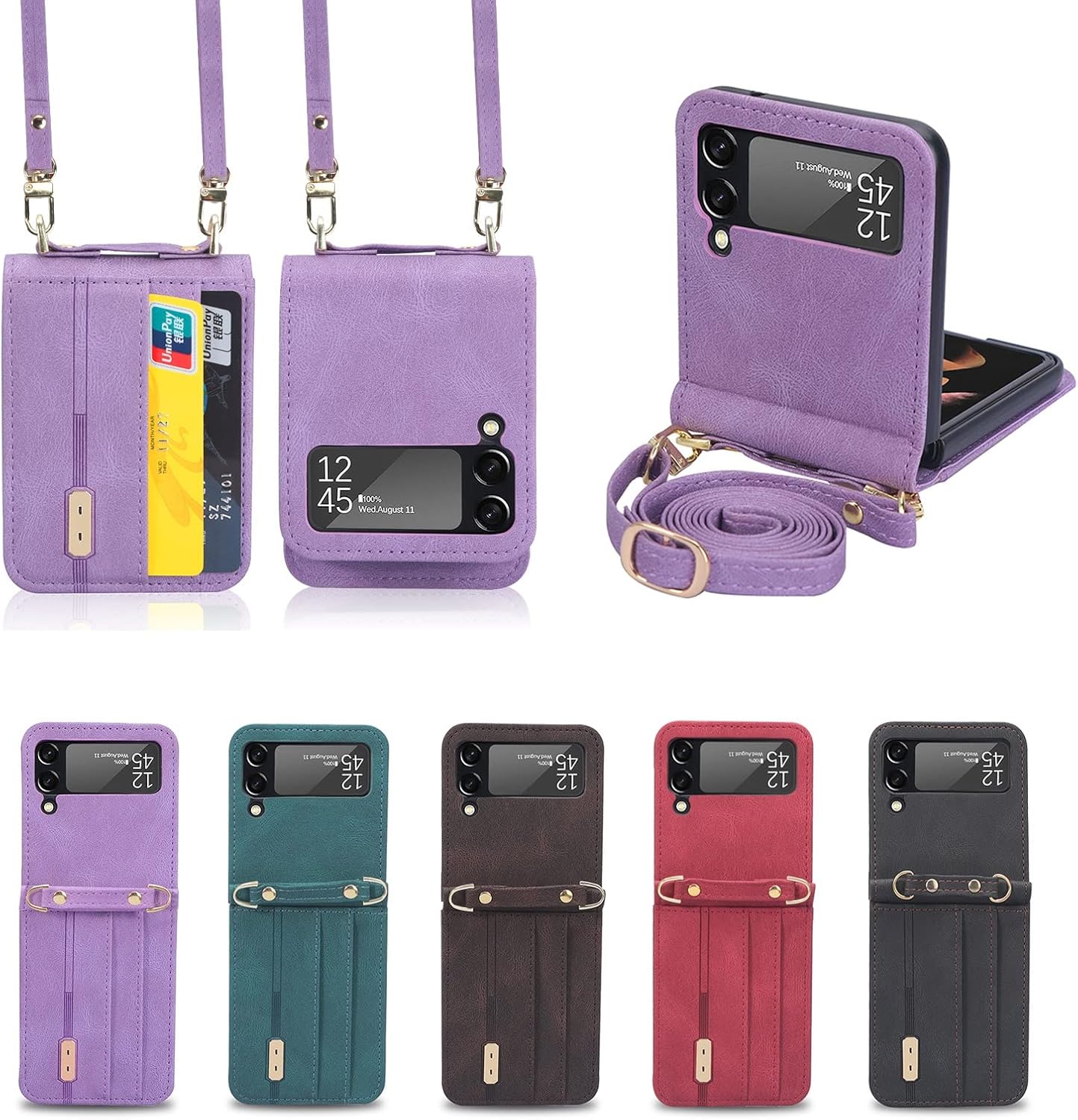 for Samsung Z Flip 4 5G Case, Galaxy, Leather Wallet Card, Folding Cover Anti-Scratch Shockproof Protective with Adjustable Cross-Body Strap(Purple)