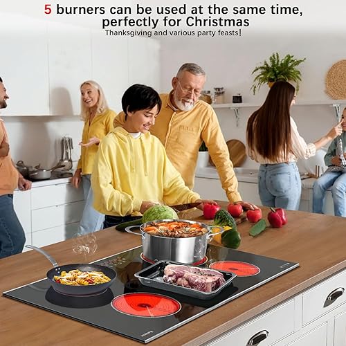Miniatura 3 de Karinear Estufa eléctrica de 36 pulgadas, estufa eléctrica de 5 quemadores, placa de cerámica eléctrica radiante de vidrio integrada, zonas