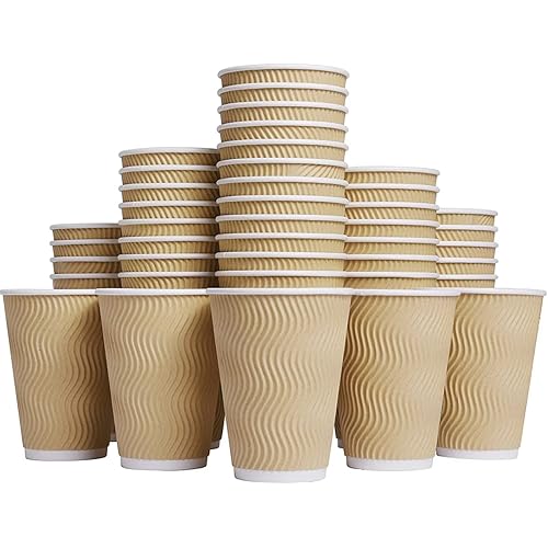Hot Paper Cups_12 oz Disposable Insulated Corrugated Sleeve Ripple Wall Paper Cup 100 pcs,12oz Cups for Drink，Hot Coffee Cups (Brown)