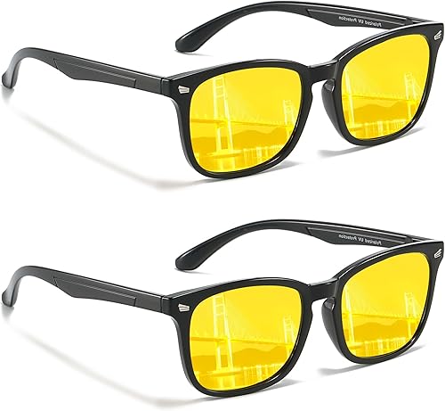 LVIOE Paquete de 2 lentes de visión nocturna para conducir, mujeres y hombres, lentes amarillos para conducción nocturna, antirreflejos,