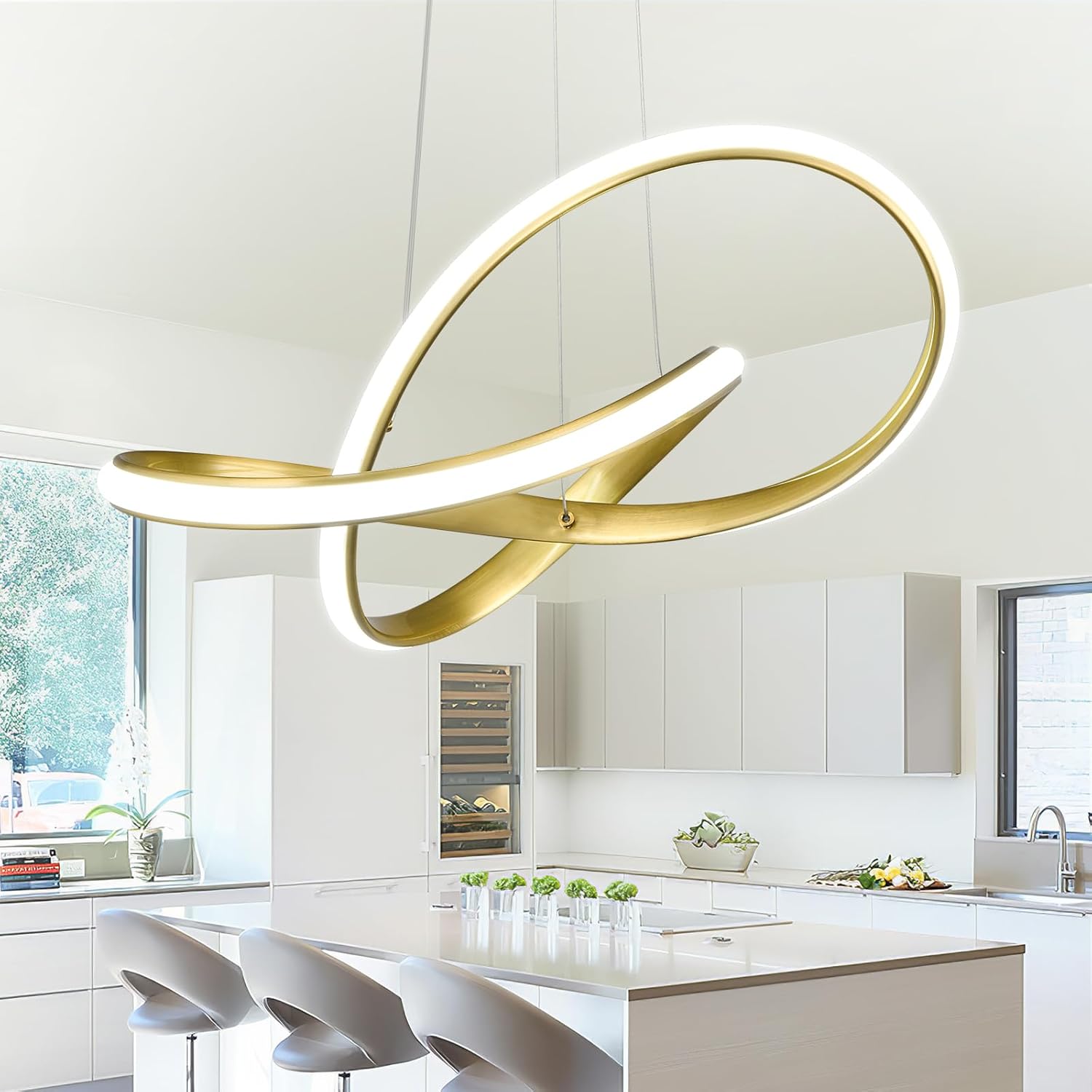 Modern LED Pendant Light with Irregular Ring Lights 6000K Gold LED Adjustable Chandelier Contemporary Ceiling Light Fixture for Kitchen Dining Room Bedroom Kitchen Island