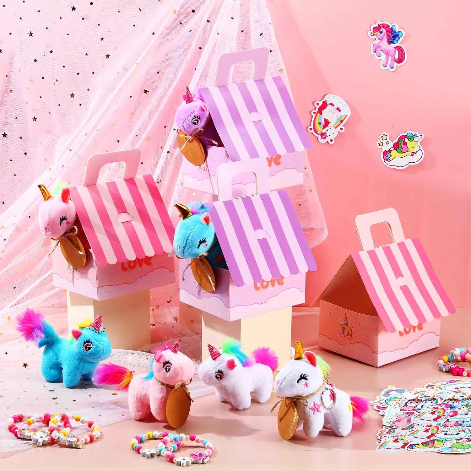 Remuuly 88 Pcs 12 Sets Unicorn Party Favor for Girls Mini Unicorns Stuffed Animals Bulk Plush Keychains Gift Box Bracelet Sticker for Goodie Bag Birthday Students