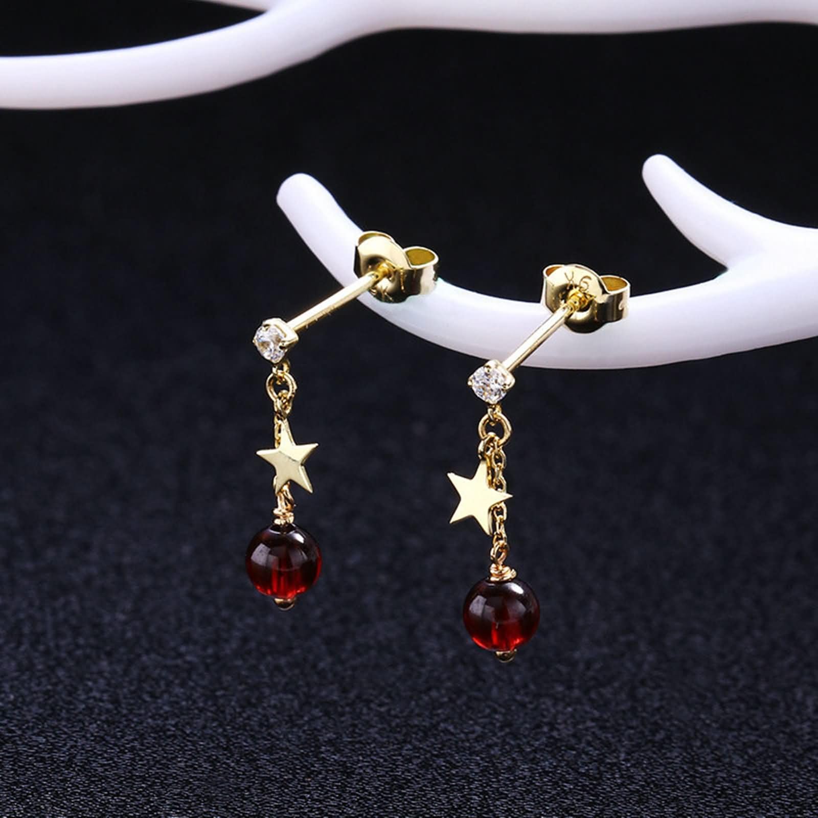 Damenohrringe Gelbgold 375/585 / 750, Stern mit Granat und Moissanit, Schmuck Frauen Ohrringe Rot Gold
