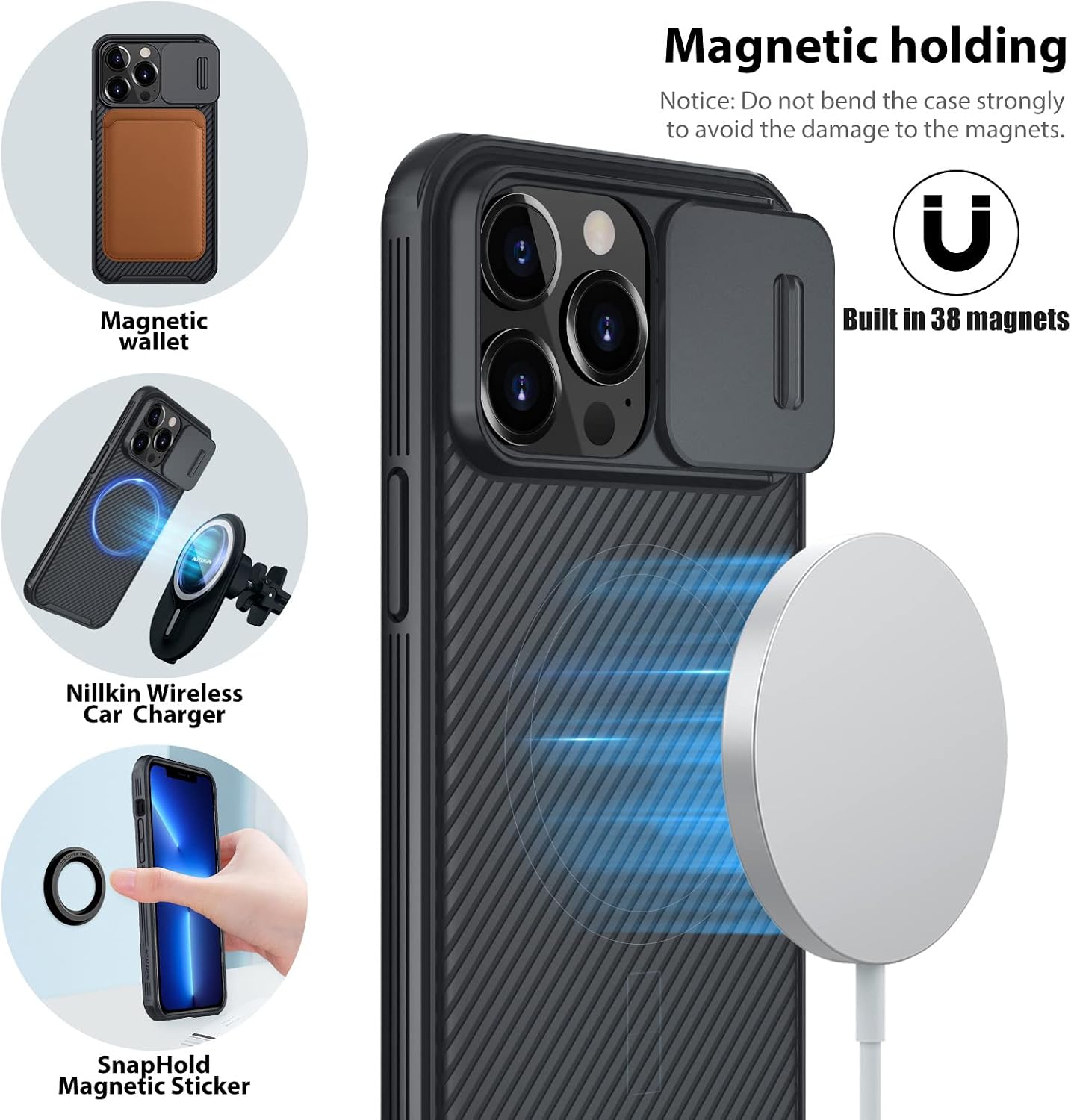 Nillkin iPhone 13 Pro Magnetic Case Compatible with Magsafe, CamShield Pro Case with Slide Camera Cover 6.1 inch, Built-in Magnet Circle - Black