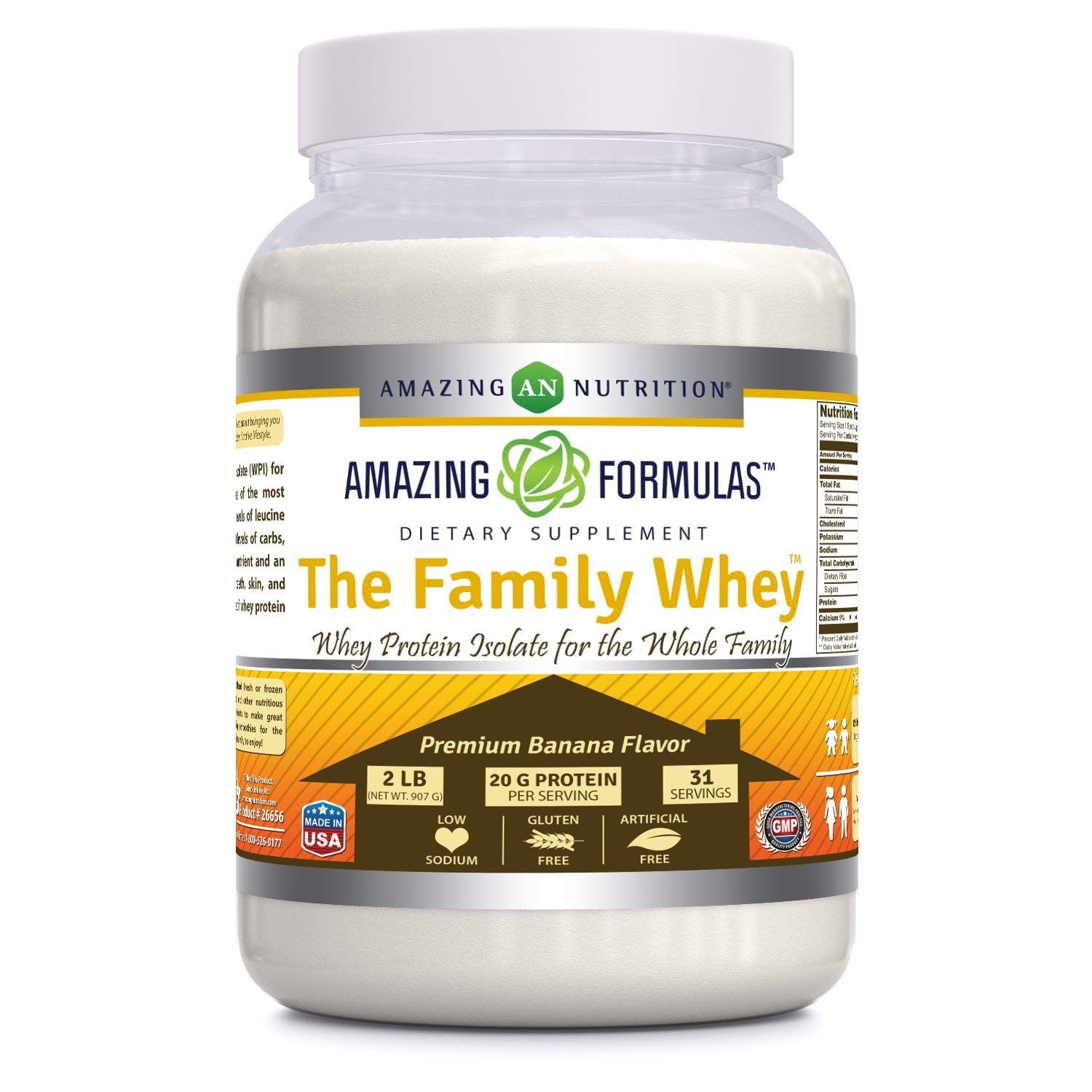 Amazing Formulas The Family Whey Protein (Isolate) Powder for The Whole Family - 2 lbs - Most Complete & Purest Form of Protein - Gluten Free (Banana)