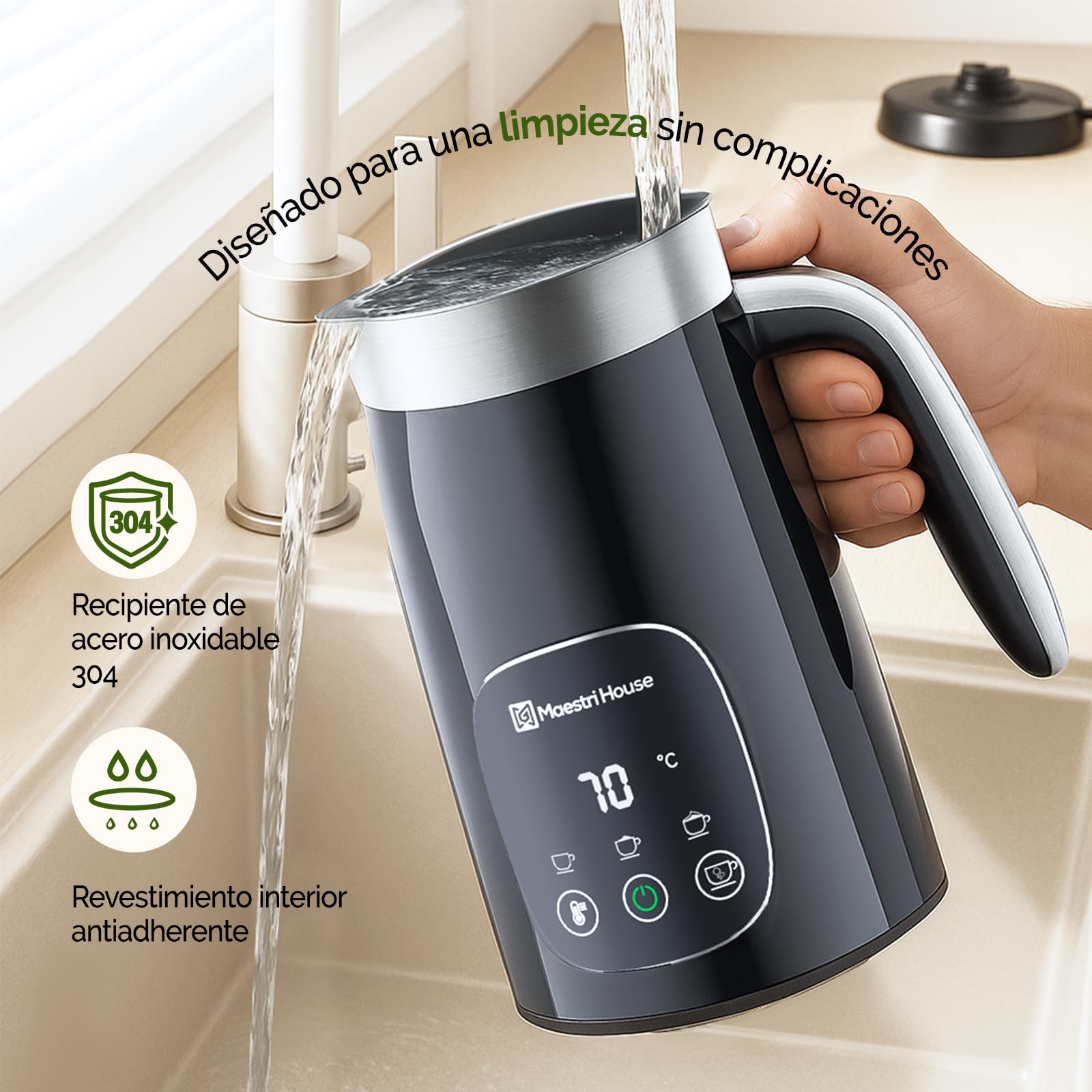 Maestri House Espumador de leche, 4 en 1 Espumador de leche de temperatura y espesor variables y vaporizador, 400ml Control táctil inteligente Fabricante de espuma, función de memoria para café con