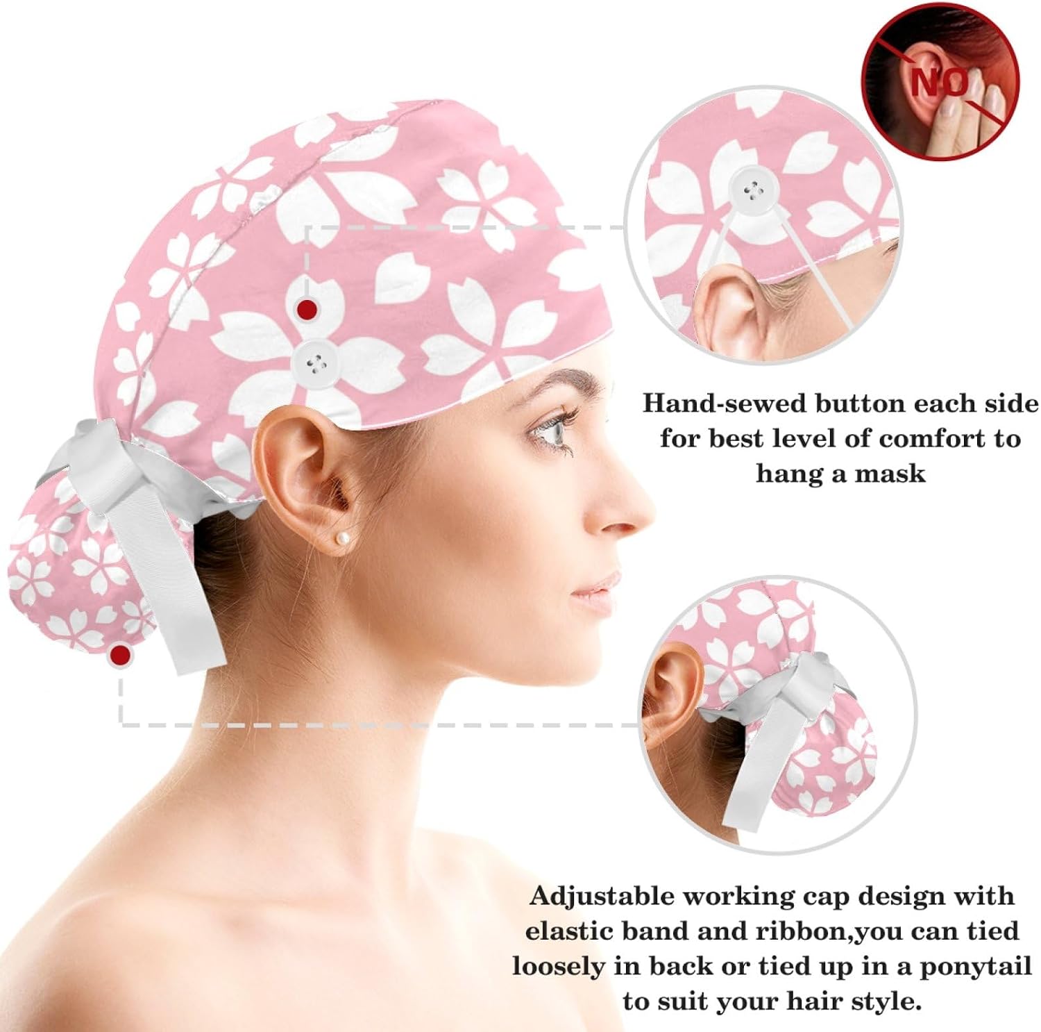 Red Blooming Rose Flowers Black Working Cap with Scrunchy and Ribbon Tie for Women, Long Hair