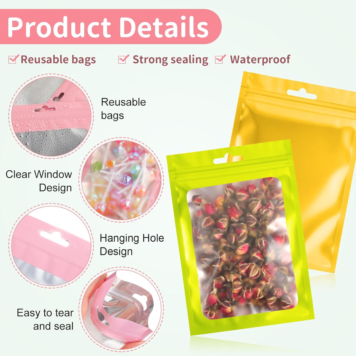 Zonon 120Pcs Sealable Bag, 3" X 4", 4" X 6", 5" X 8", 6" X 9", Matte Color image 3