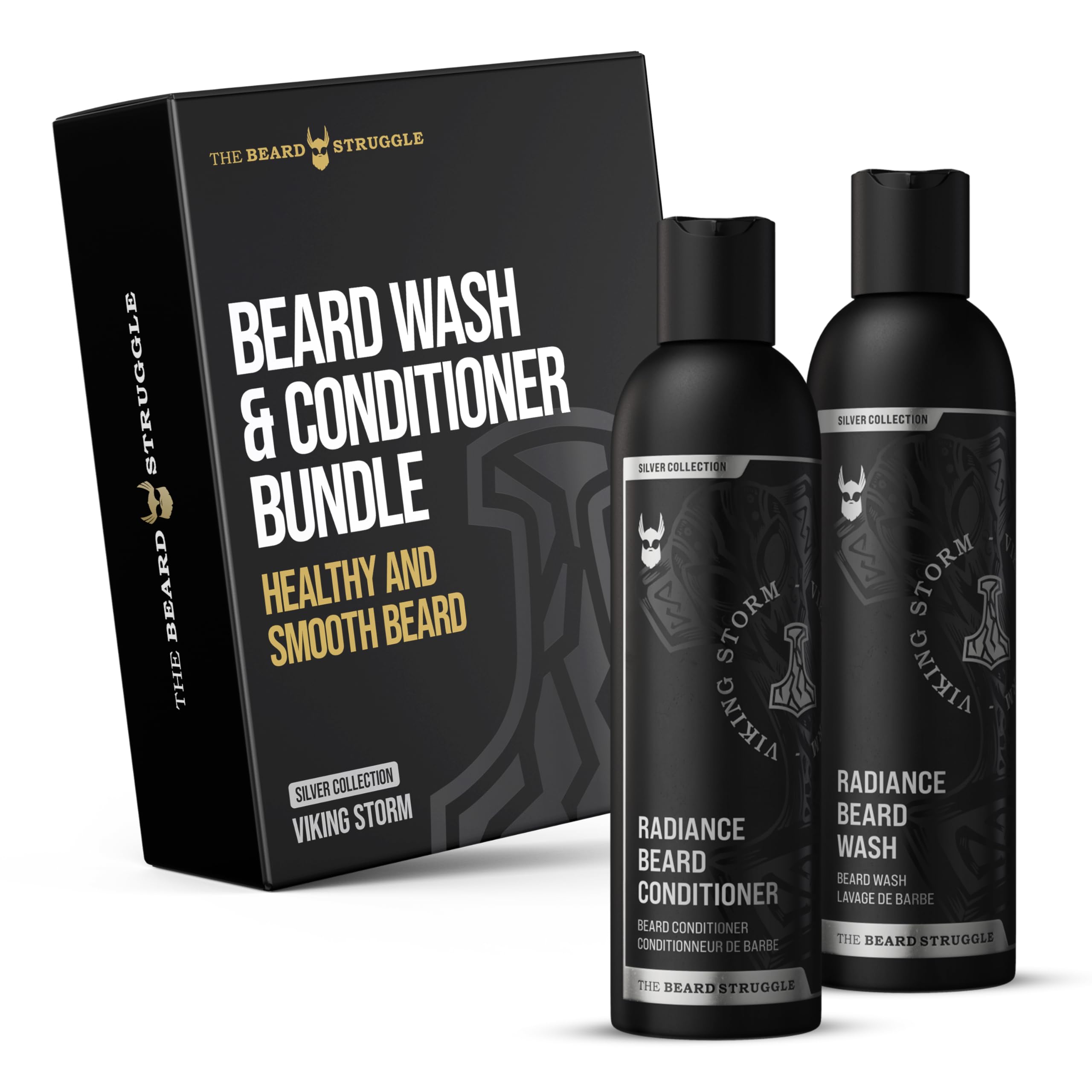 Radiance Beard Wash & Conditioner Bundle - Silver Collection - Pack of 2, Viking Storm - Nourish, Cleanse, Softens, & Strengthens Beard - Beard Wash and Conditioner for Men