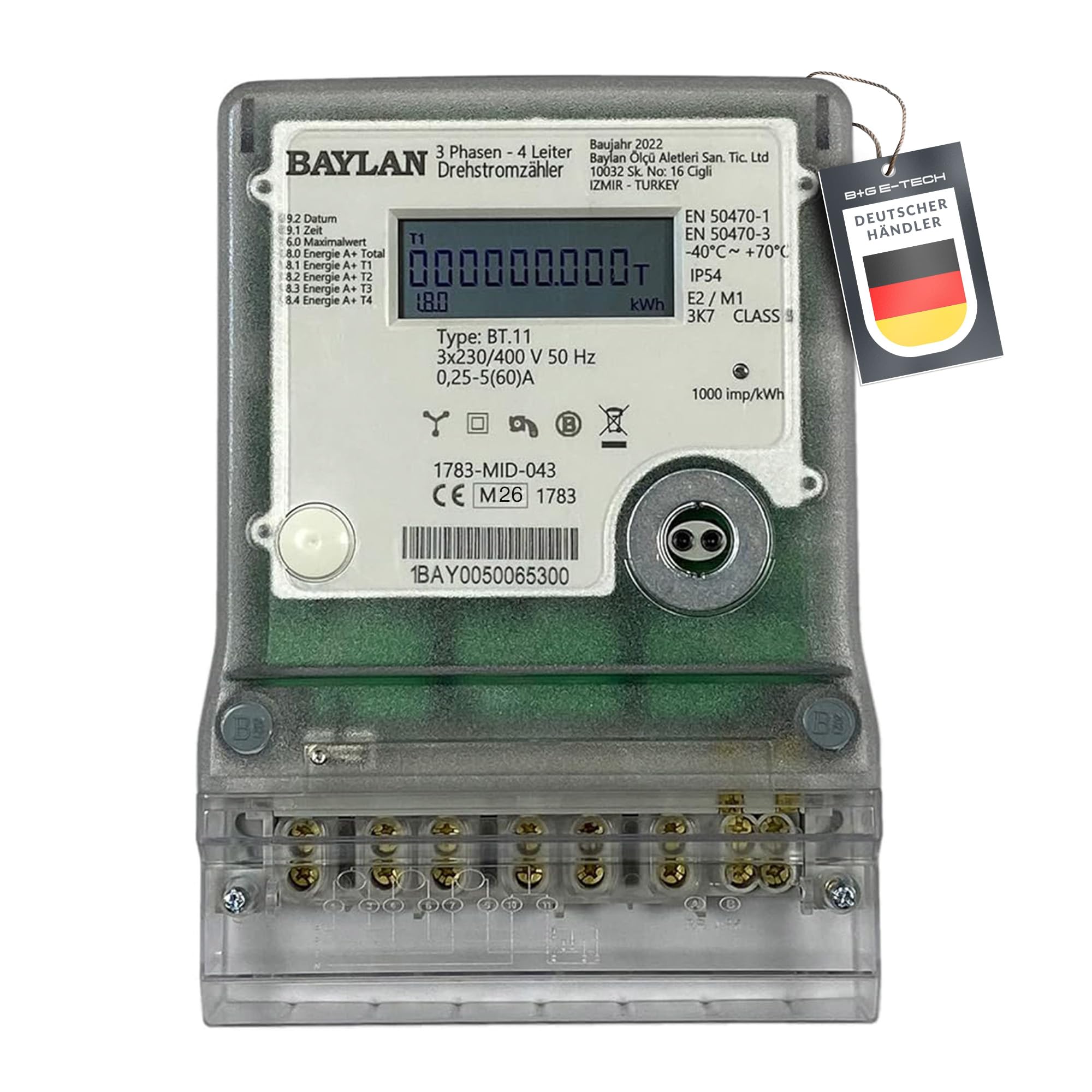 B+G E-Tech [BT.11 - MID 26] Drehstromzähler für Zählerplatzmontage - MID zertifiziert, Direktmessung bis 60A, Einzeltarifzähler mit interner Uhr, IR & RS485 Schnittstelle