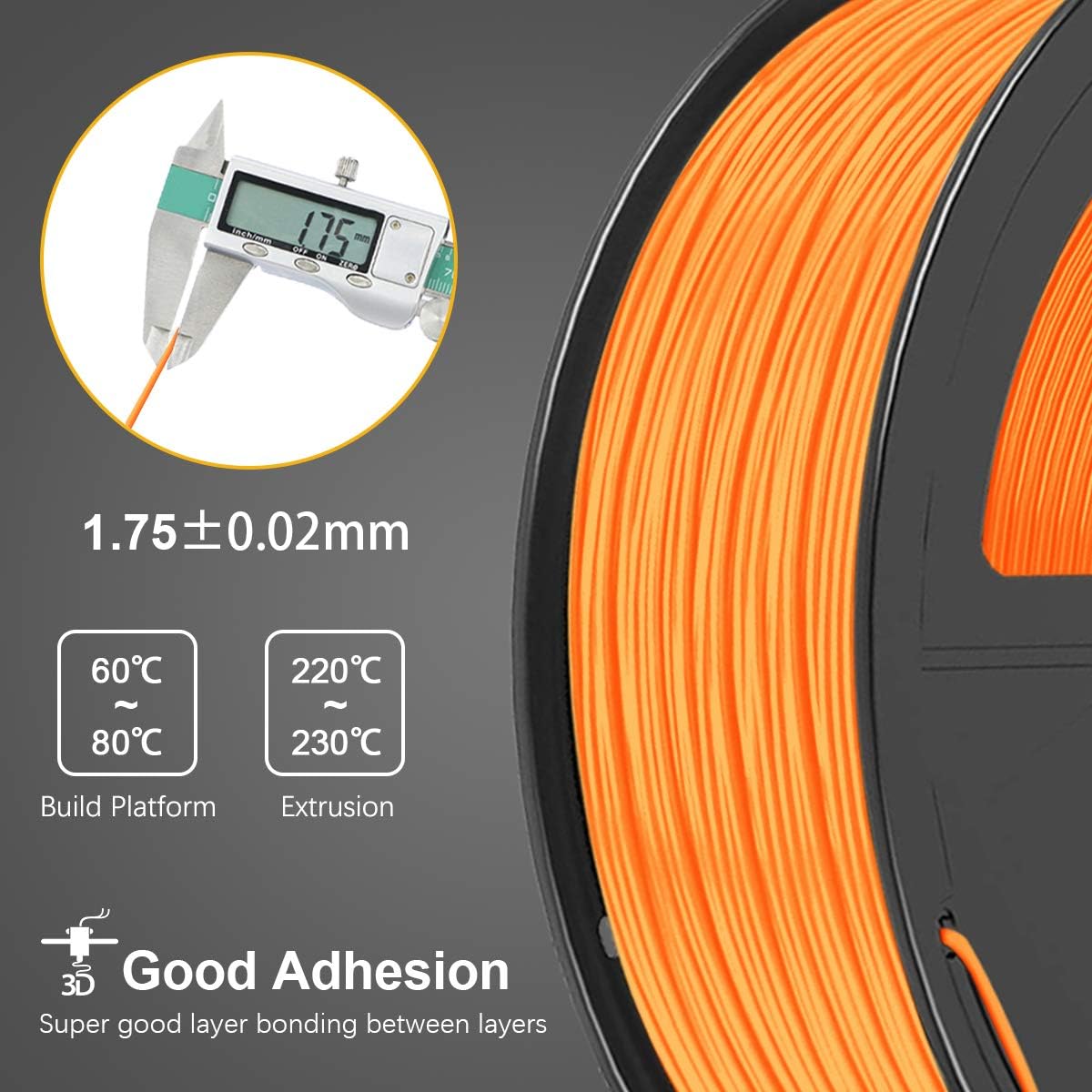 3D WARHORSE PLA Filament, 1.75mm 3D Printer Filament, PLA 3D Printing 1kg Spool, Dimensional Accuracy +/- 0.02mm, Orange