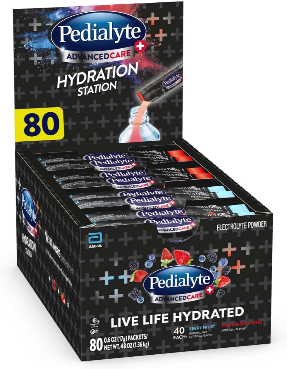 Pedialyte AdvancedCare Plus Hydration Station Multipack, Electrolyte Hydration Drink, 0.6-oz Electrolyte Powder Packets, 80 Count