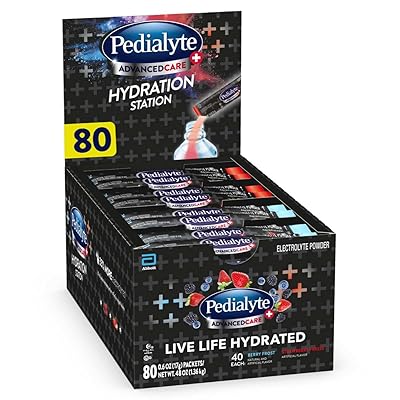 Pedialyte AdvancedCare Plus Electrolyte Powder, Has 33% More Electrolytes and PreActiv Prebiotics, Hydration Station Variety, 80 Powder Packets