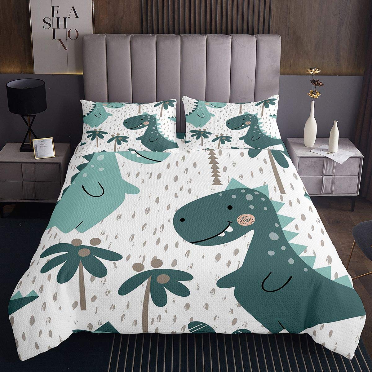 Copriletto con dinosauro con animali della giungla e motivo di animali della giungla per bambini,trapuntato,in microfibra,trapuntato,per la camera da letto,collezione240x220cm