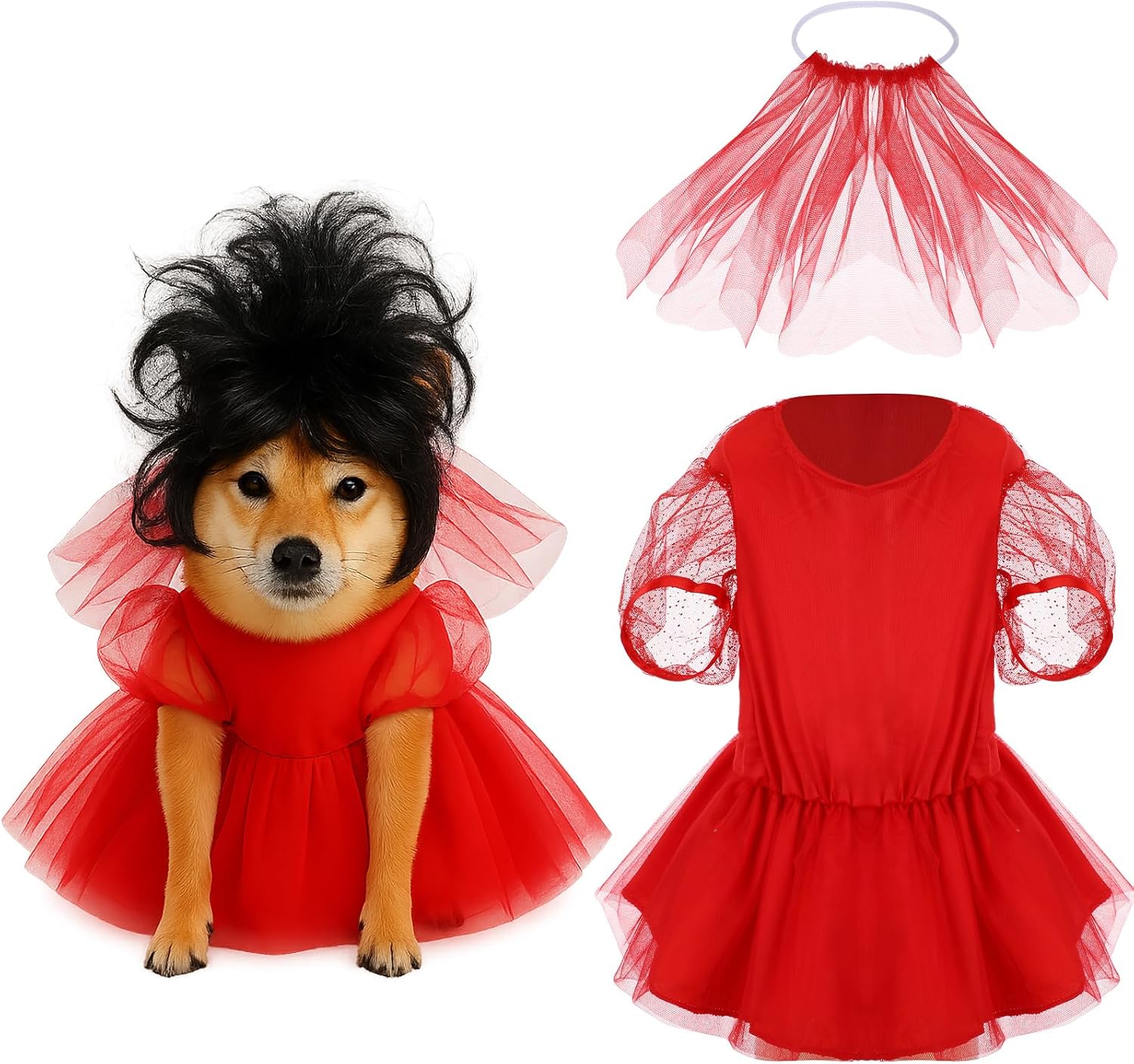 2 Pcs Halloween Dog Beetle Costume, Red Tulle Dress Black Wig