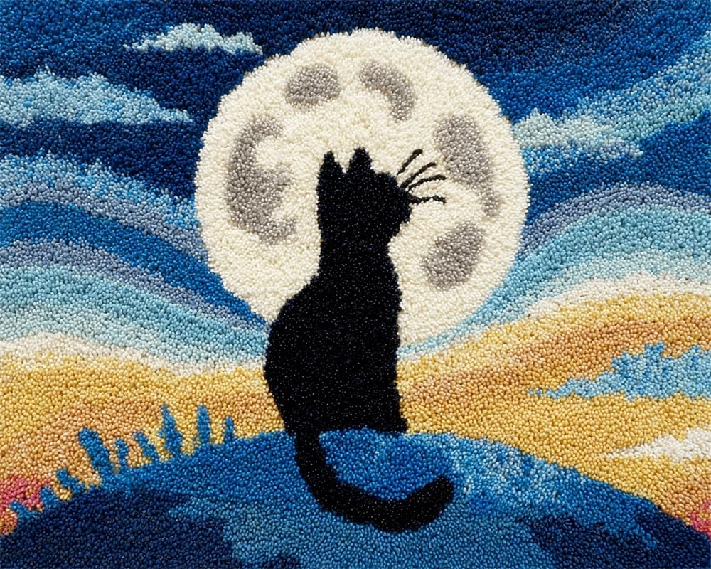 Kitquiver Latch Hook Kits for Adults Rug Cat On The Moon DIY Crochet Yarn Embroidery Handmade Needlework with Printed Canvas for Home Decoration 35X46In