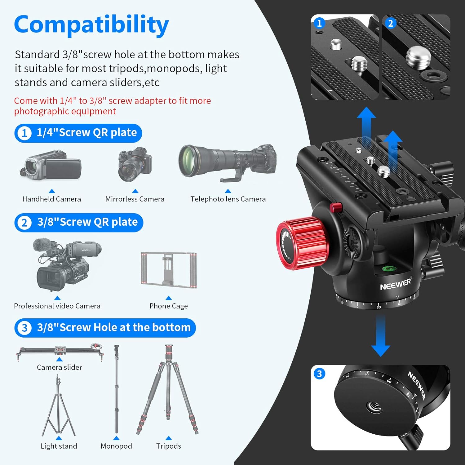 Amazon Crazy 🔥 Deals Neewer Metal Heavy Duty Video Camera Tripod Fluid Drag Pan Head with Sliding Plate and 2-Section Adjustable Handle for Tripod DSLR Cameras Video Camcorders Shooting Filming，Load up to 17.6lbs/8kg