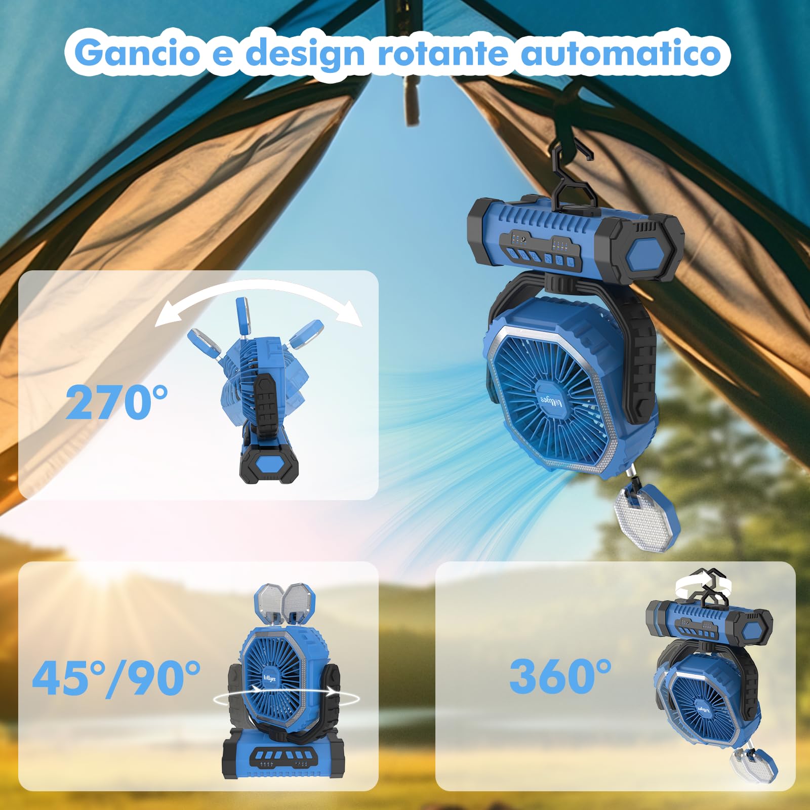 Ventilatore da Campeggio con Luce, Alimentazione a Batteria 20000mAh, Ventilatore Portatile Ricaricabile con Telecomando e Gancio Rotante a 360°, 4 Velocità per Interni, Viaggi, Camper (Blu)