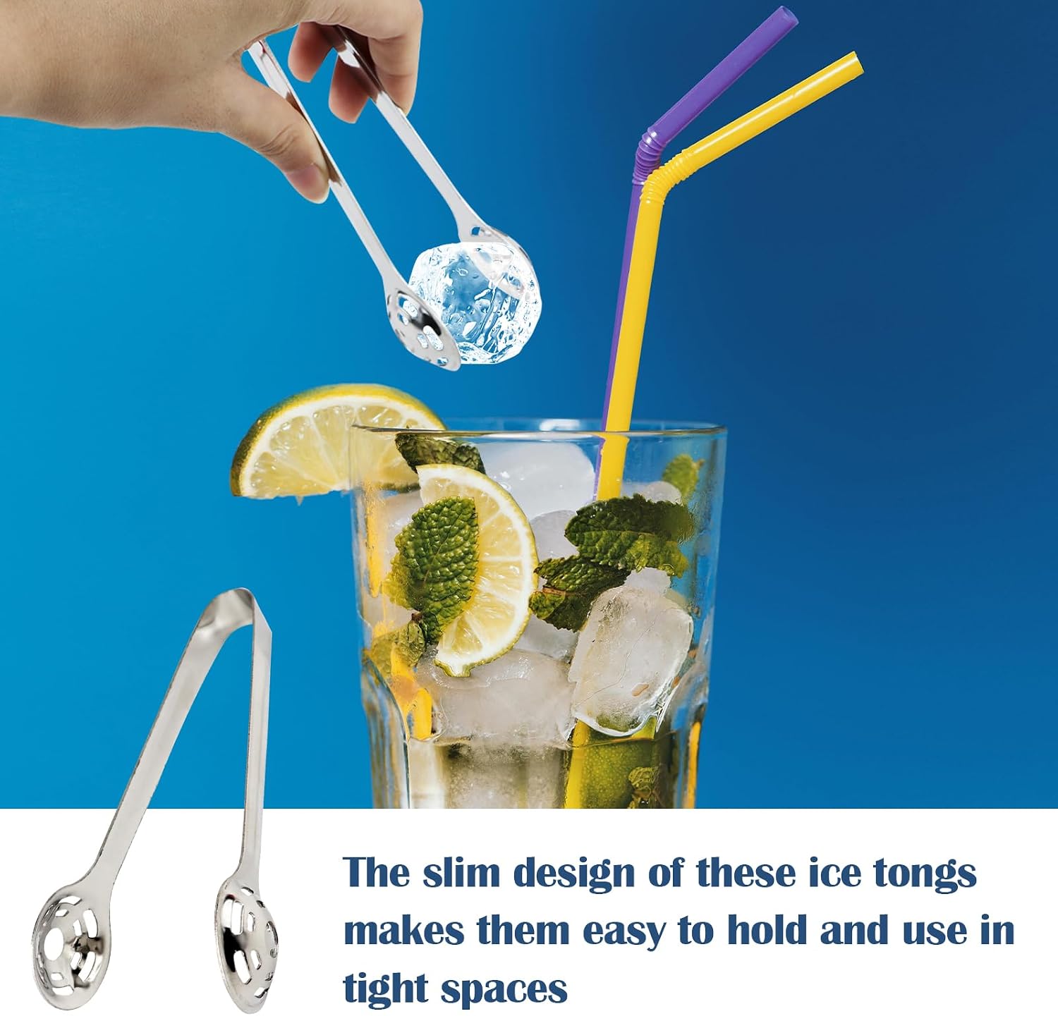 Whiskey Ice Cubes Metal Tongs - Stainless Steel Reusable Ice Sphere Cubes - Beverage Chilling Rocks & Ice Tea Tongs