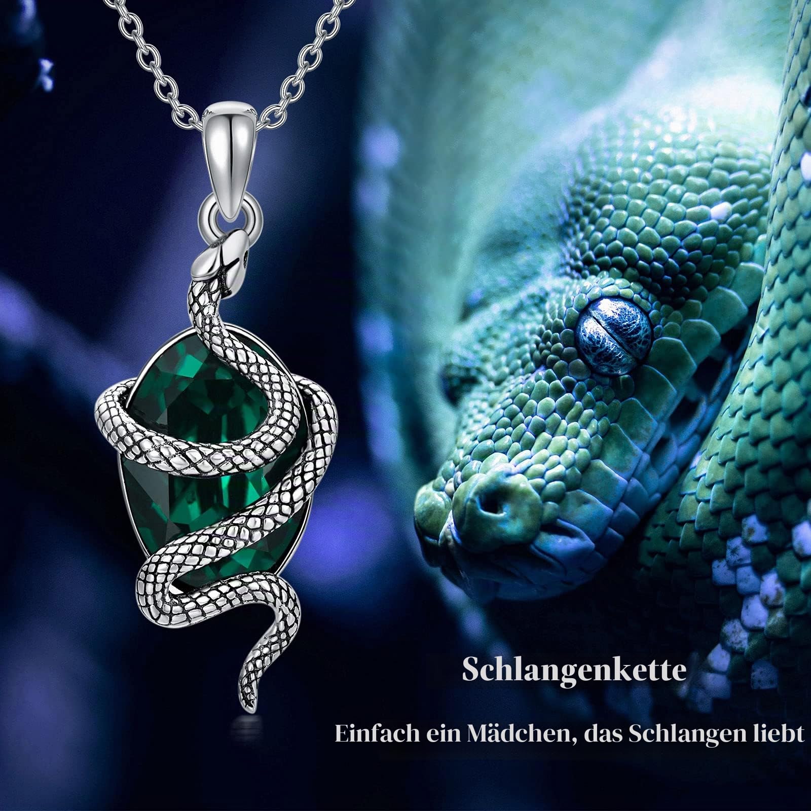 Schlangen Halskette 925 Sterling Silber Halskette Schlange mit Amethyst/Grünem Kristall Anhänger Feiner Geschenk für Frauen Mädchen