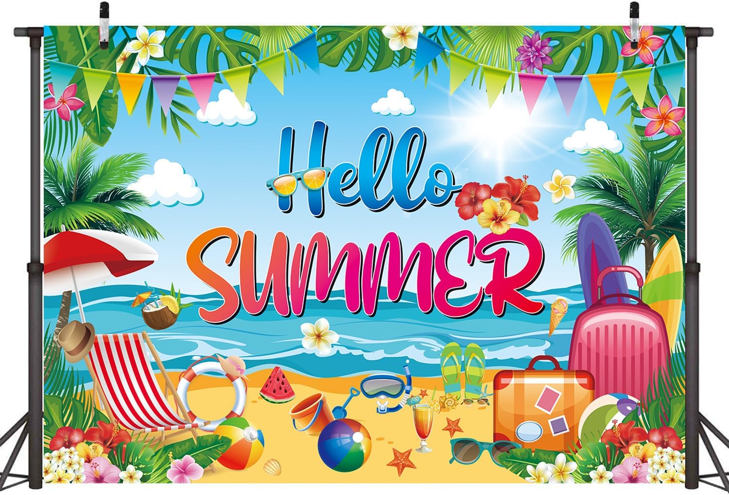Hello Summer Banner Backdrop 10x8FT Tropical Hawaiian Beach Photography Background Welcome Summer Beach Pool Party Decorations Supplies