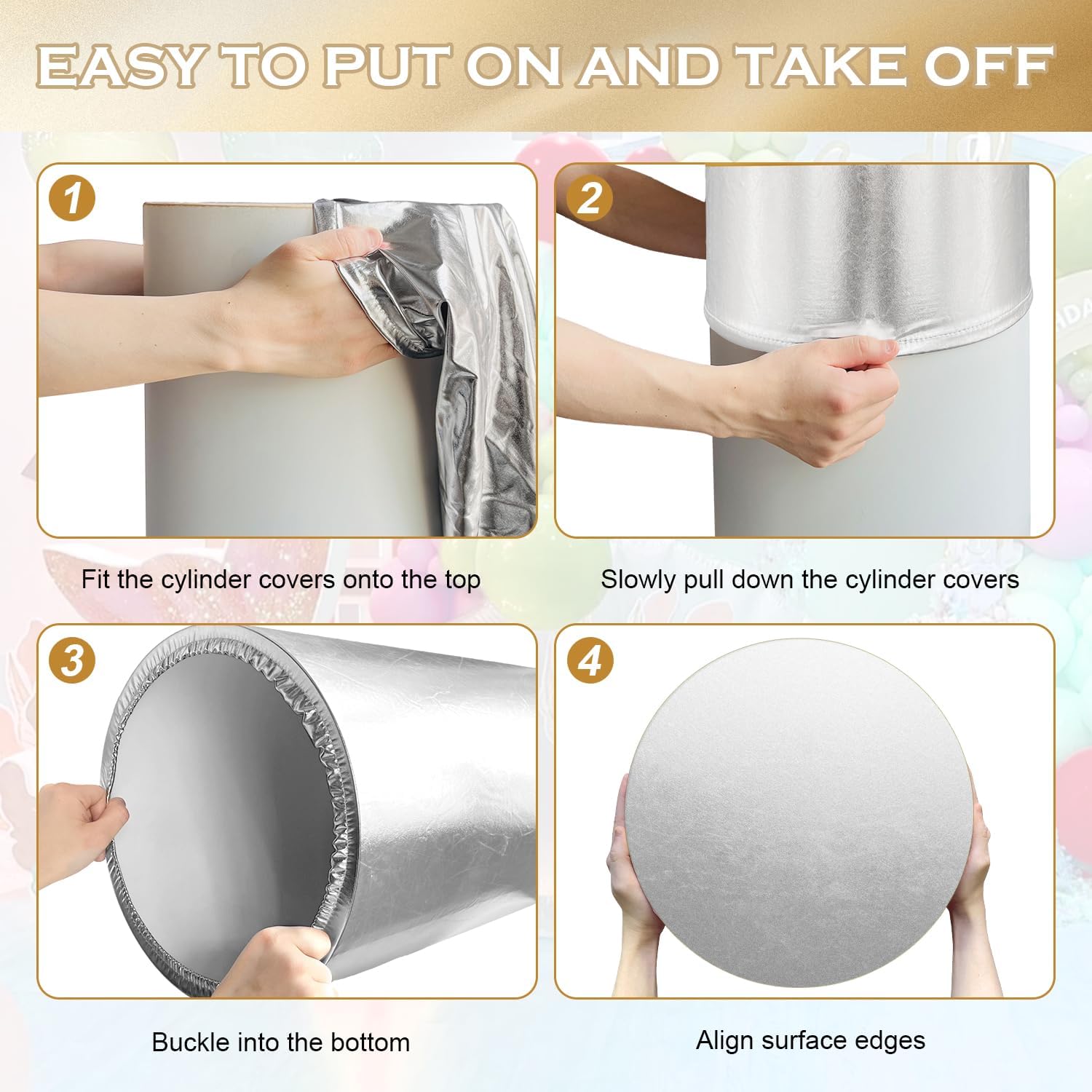 SaitiMade Set of 3 Gold Silver Black Cylinder Pedestal Stand Covers, 3pcs Spandex Mixed Colors Cylinder Stand Covers for Party, Wedding or Birthday Event Decor (Only Contains Colorful Cylinder Covers)